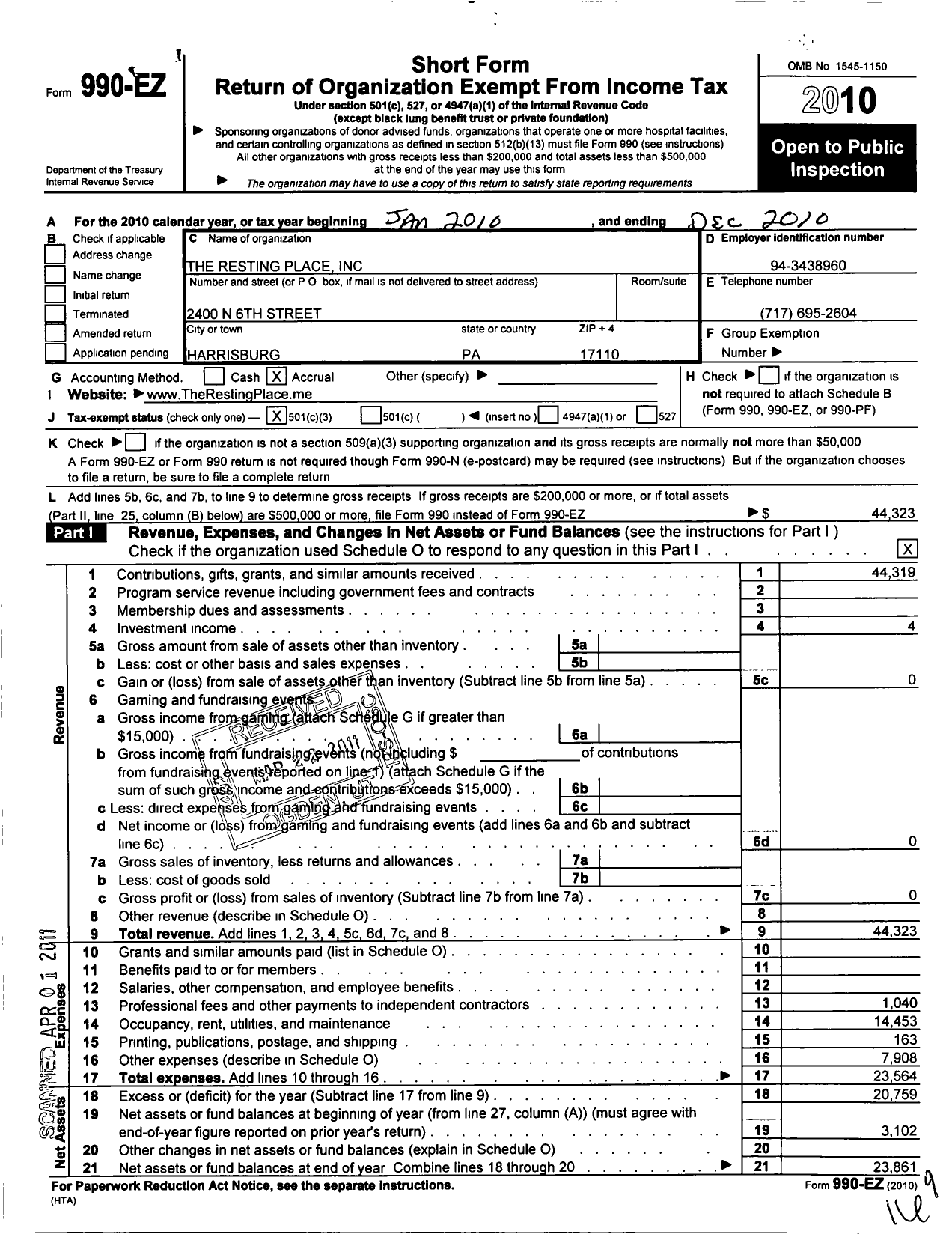 Image of first page of 2010 Form 990EZ for The Resting Place