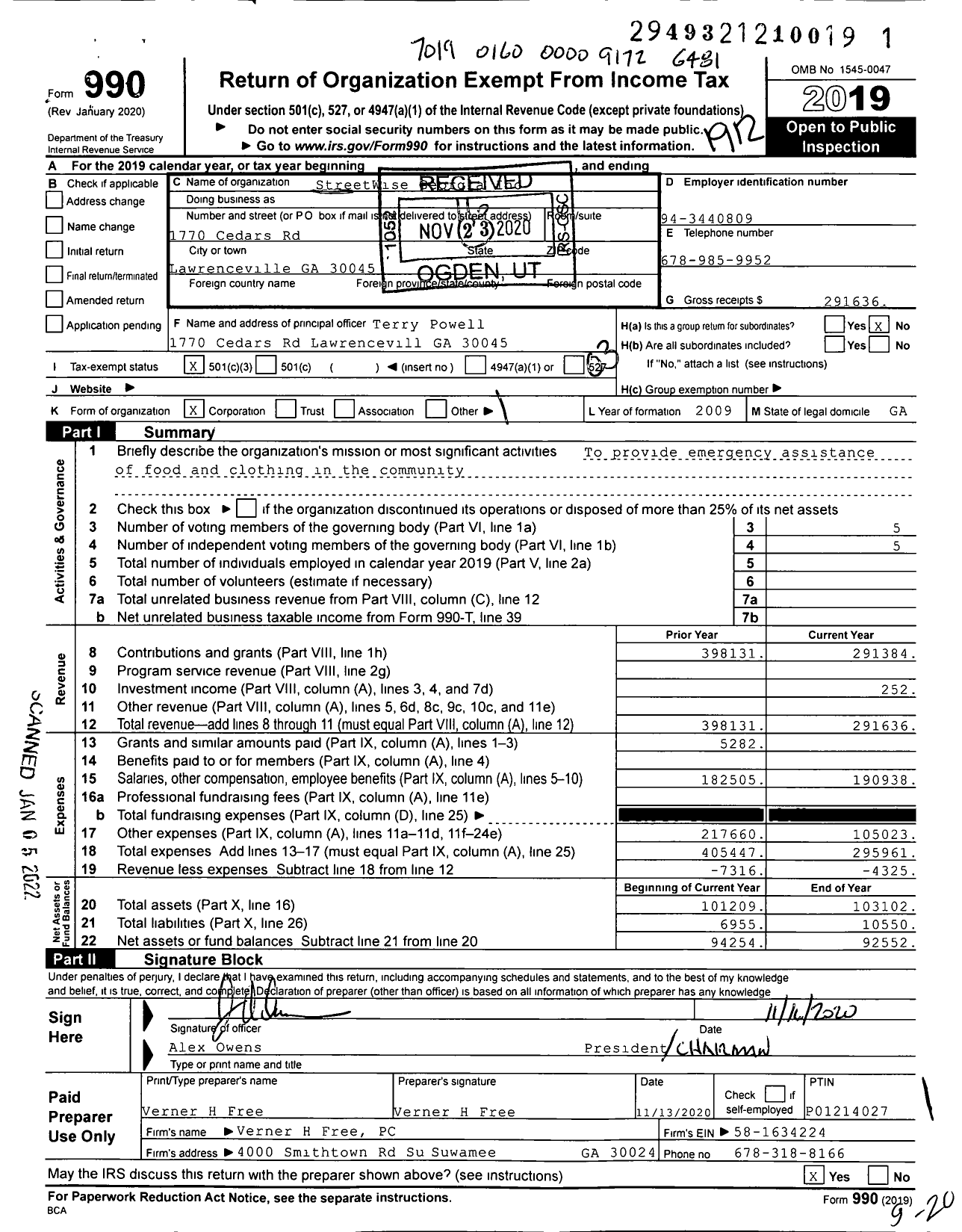 Image of first page of 2019 Form 990 for Streetwise Georgia