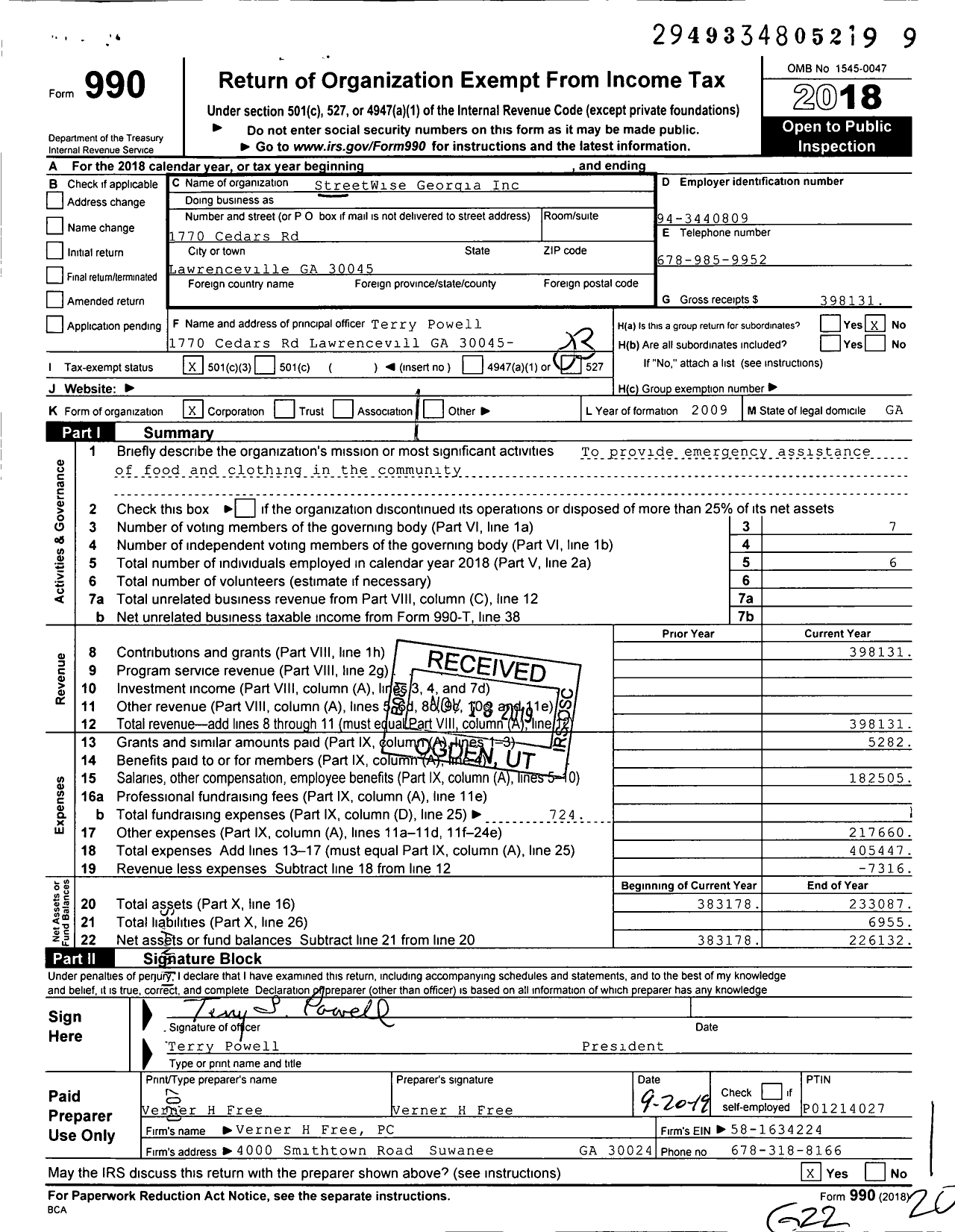 Image of first page of 2018 Form 990 for Streetwise Georgia