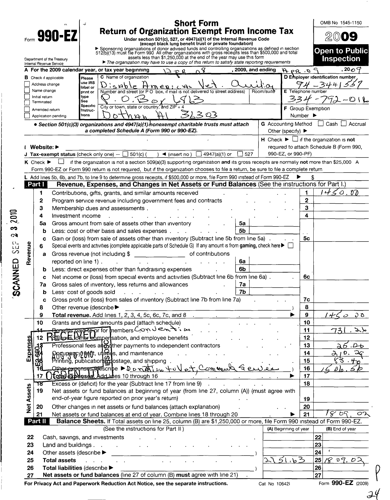 Image of first page of 2008 Form 990EO for Disabled American Veterans Auxiliary - 87 Dothan