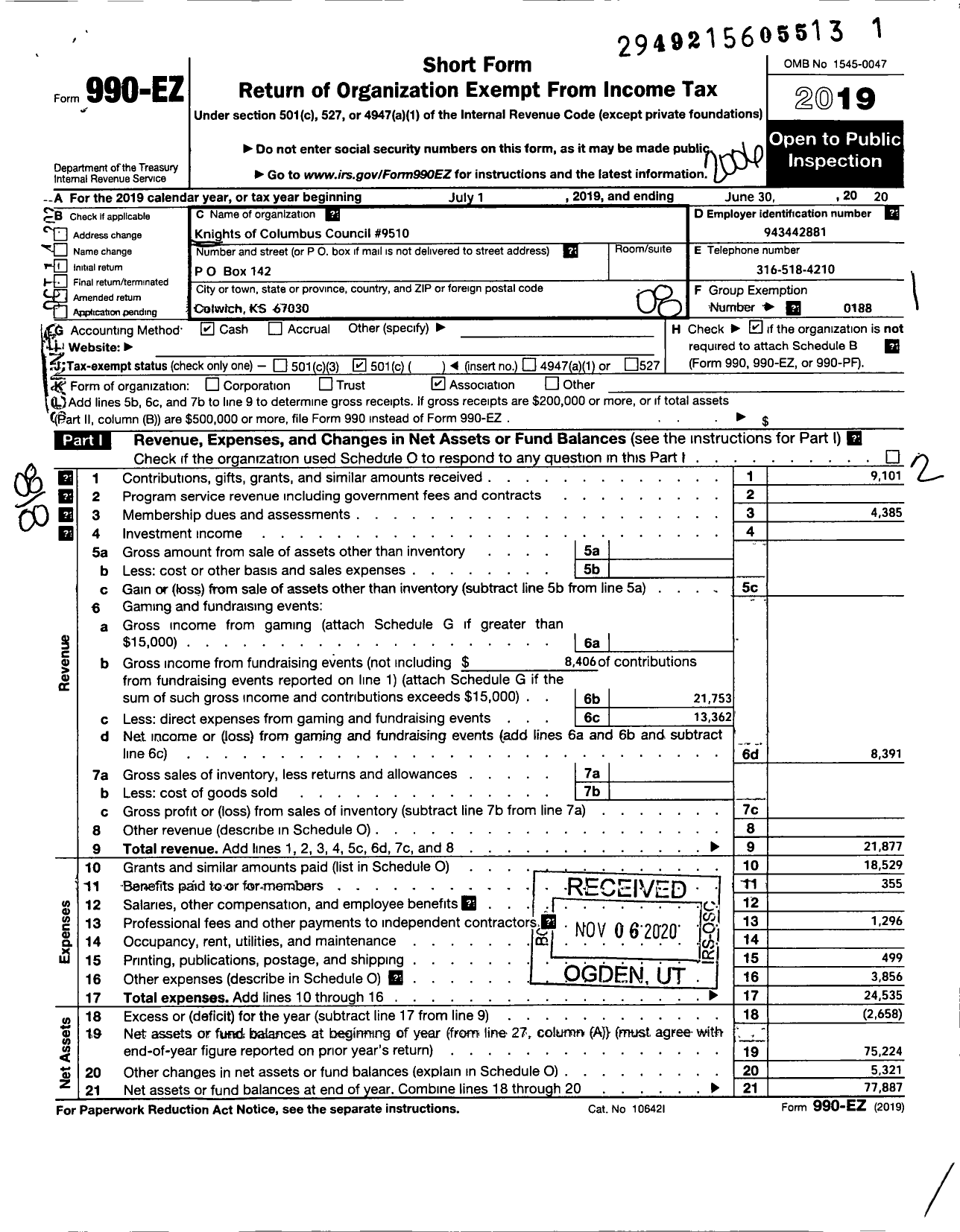 Image of first page of 2019 Form 990EO for KNIGHTS OF COLUMBUS - 9510 Colwich Council