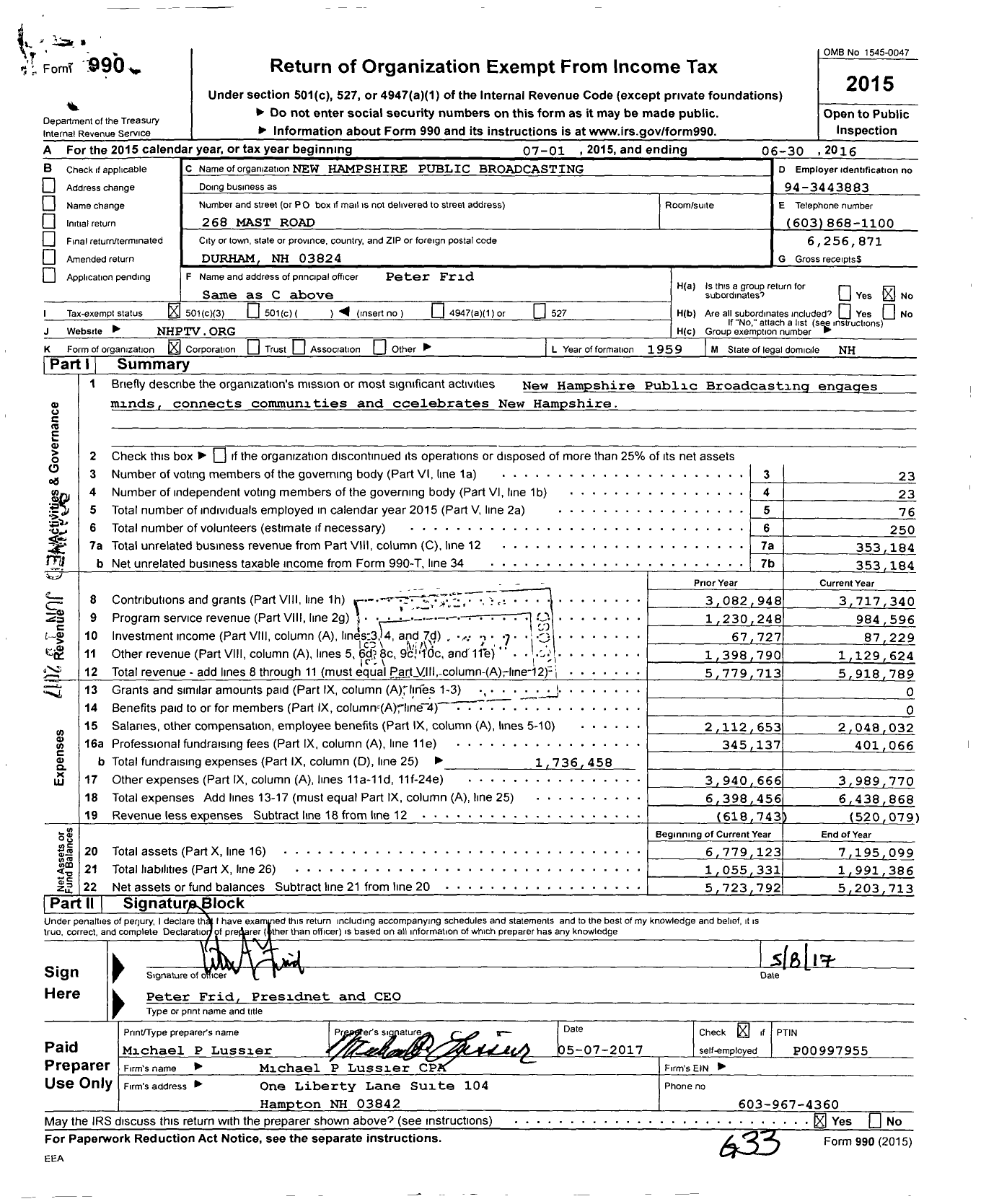 Image of first page of 2015 Form 990 for New Hampshire Public Broadcasting (NHPBS)