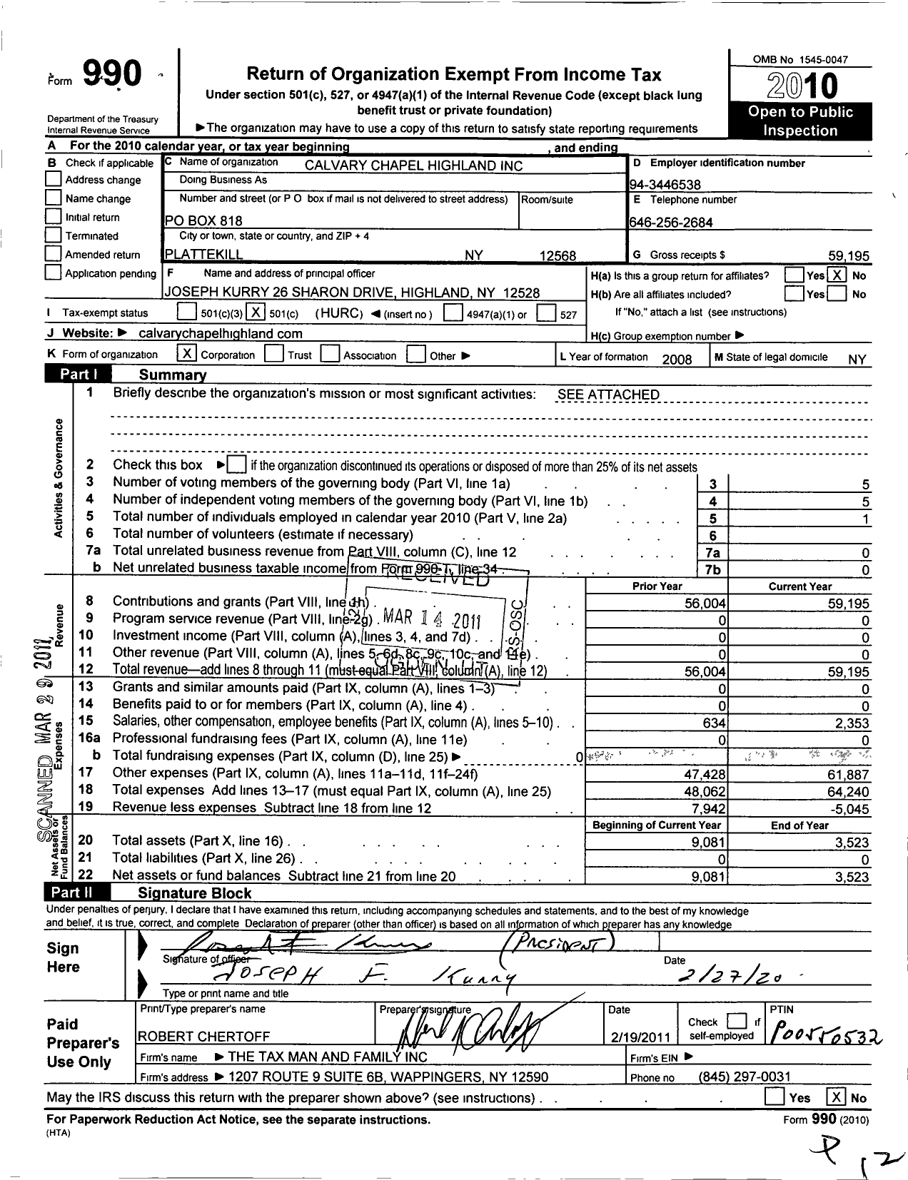 Image of first page of 2010 Form 990O for Calvary Chapel Highland