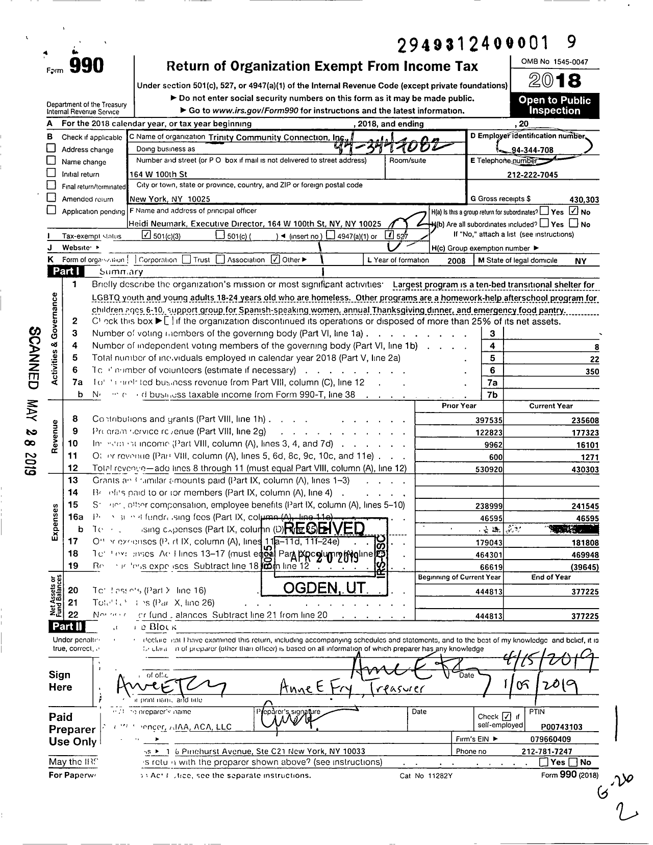 Image of first page of 2018 Form 990 for Trinity Community Connection
