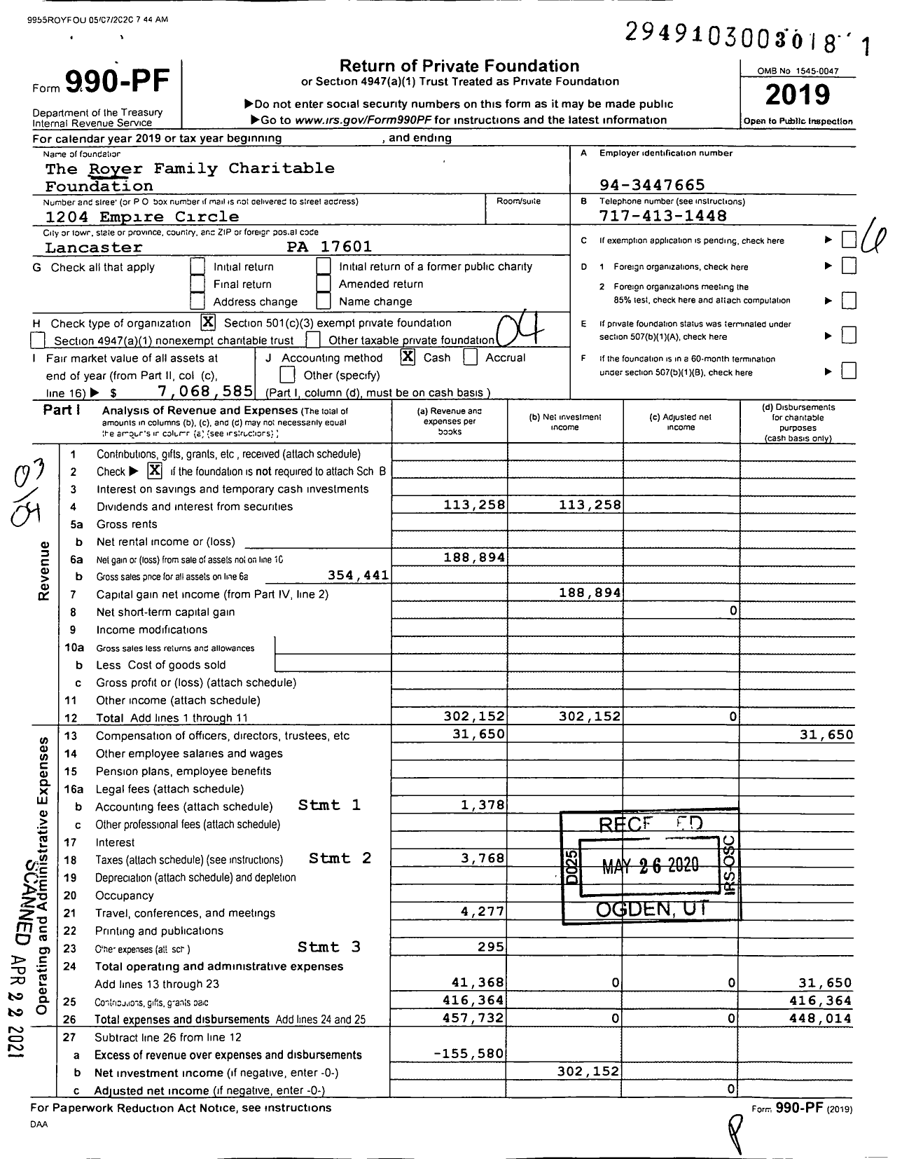 Image of first page of 2019 Form 990PF for The Royer Family Charitable Foundation