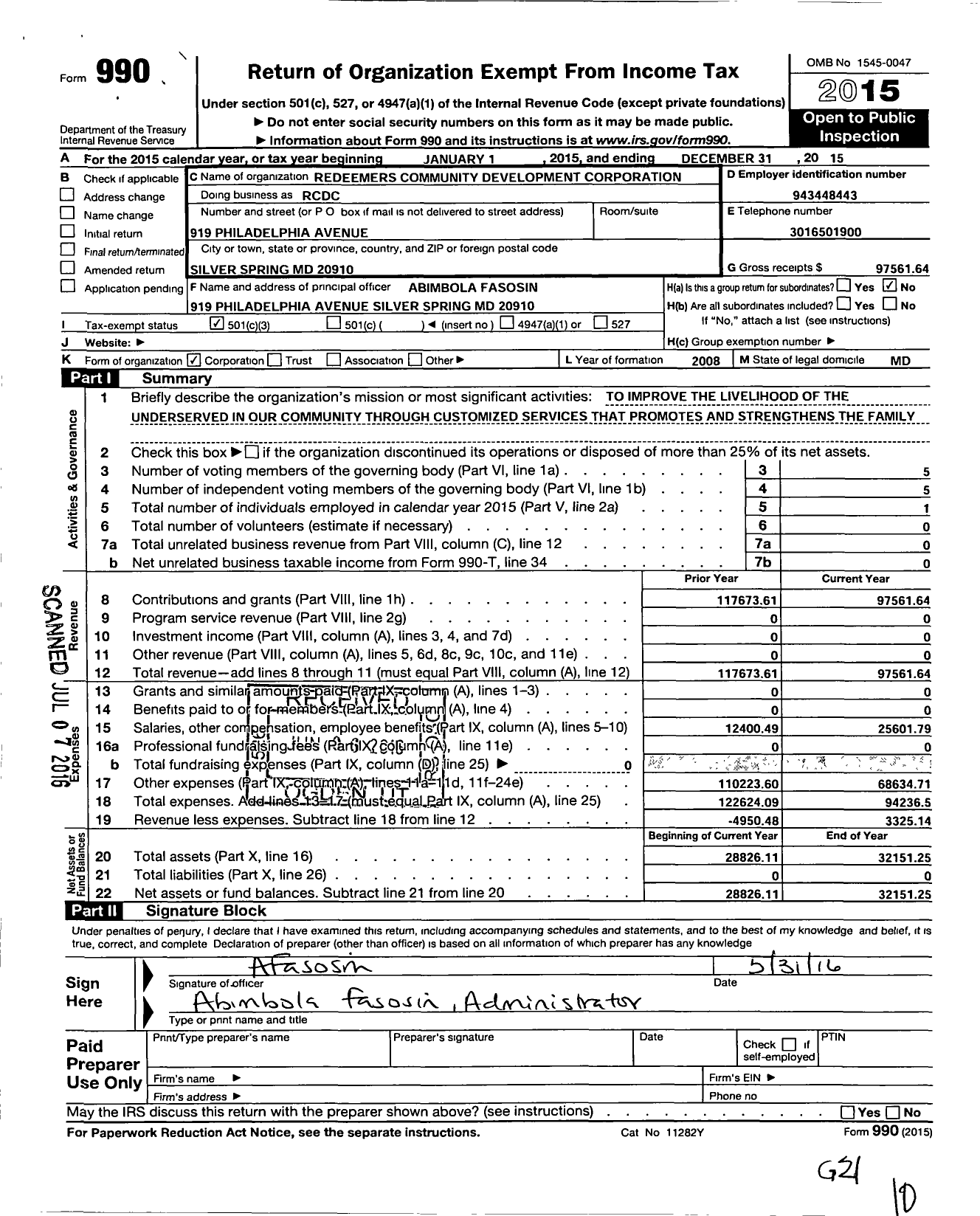 Image of first page of 2015 Form 990 for Redeemers Community Development Corporation