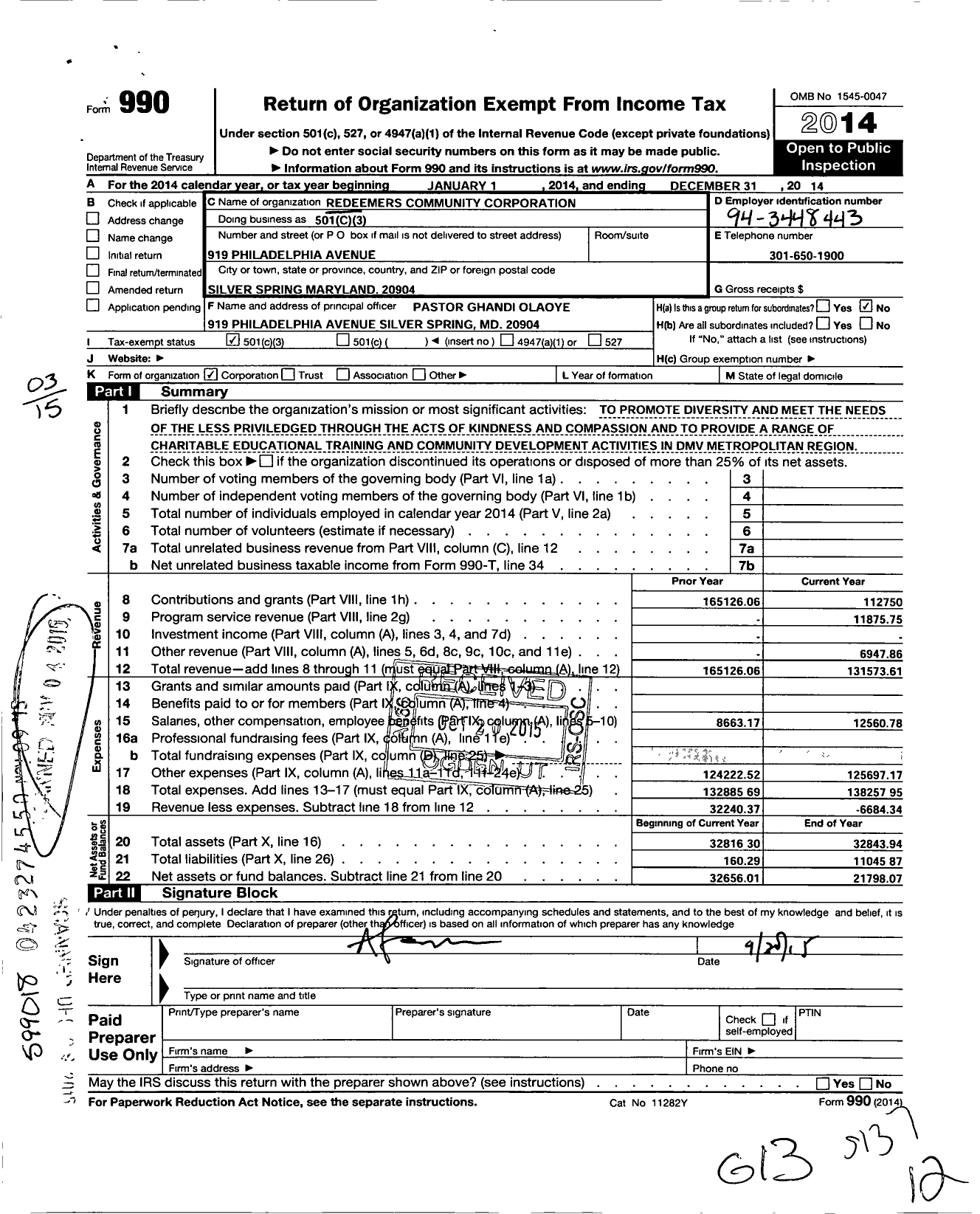 Image of first page of 2014 Form 990 for Redeemers Community Development Corporation