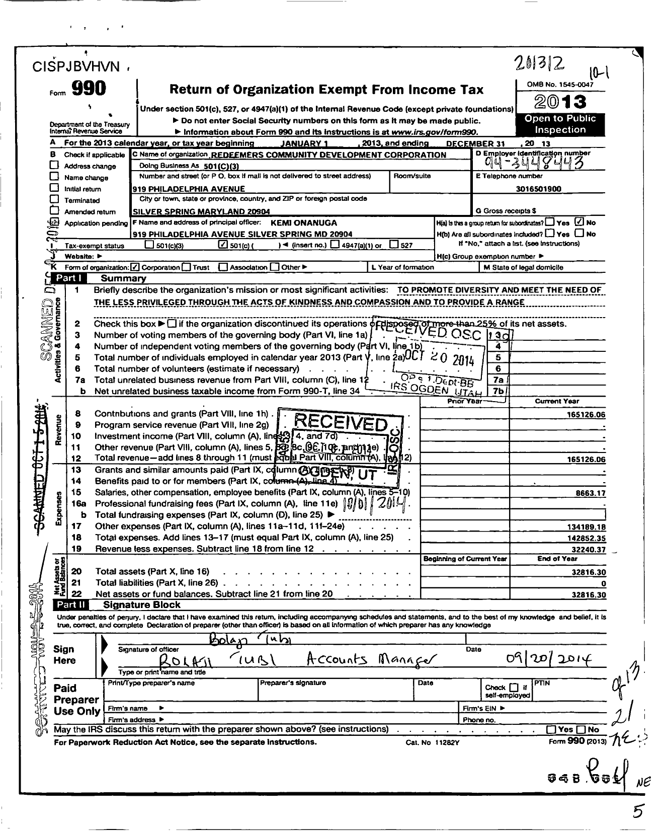 Image of first page of 2013 Form 990O for Redeemers Community Development Corporation