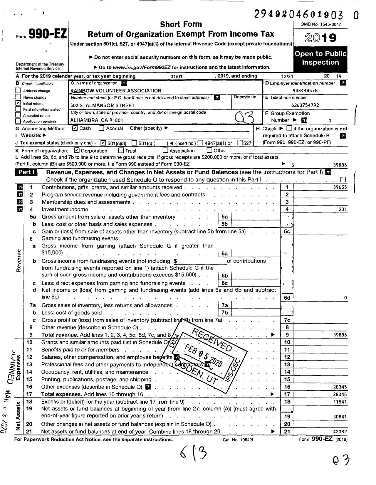 Image of first page of 2019 Form 990EZ for Rainbow Volunteer Association