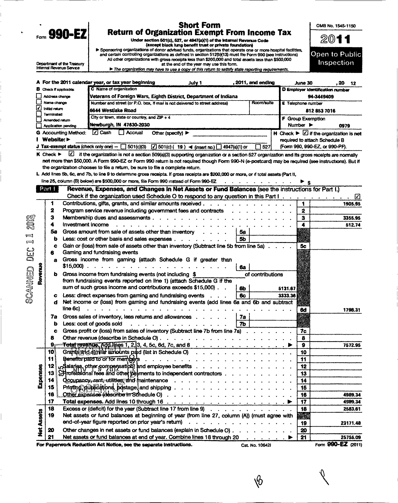 Image of first page of 2011 Form 990EO for VFW Department of Indiana - Eight District