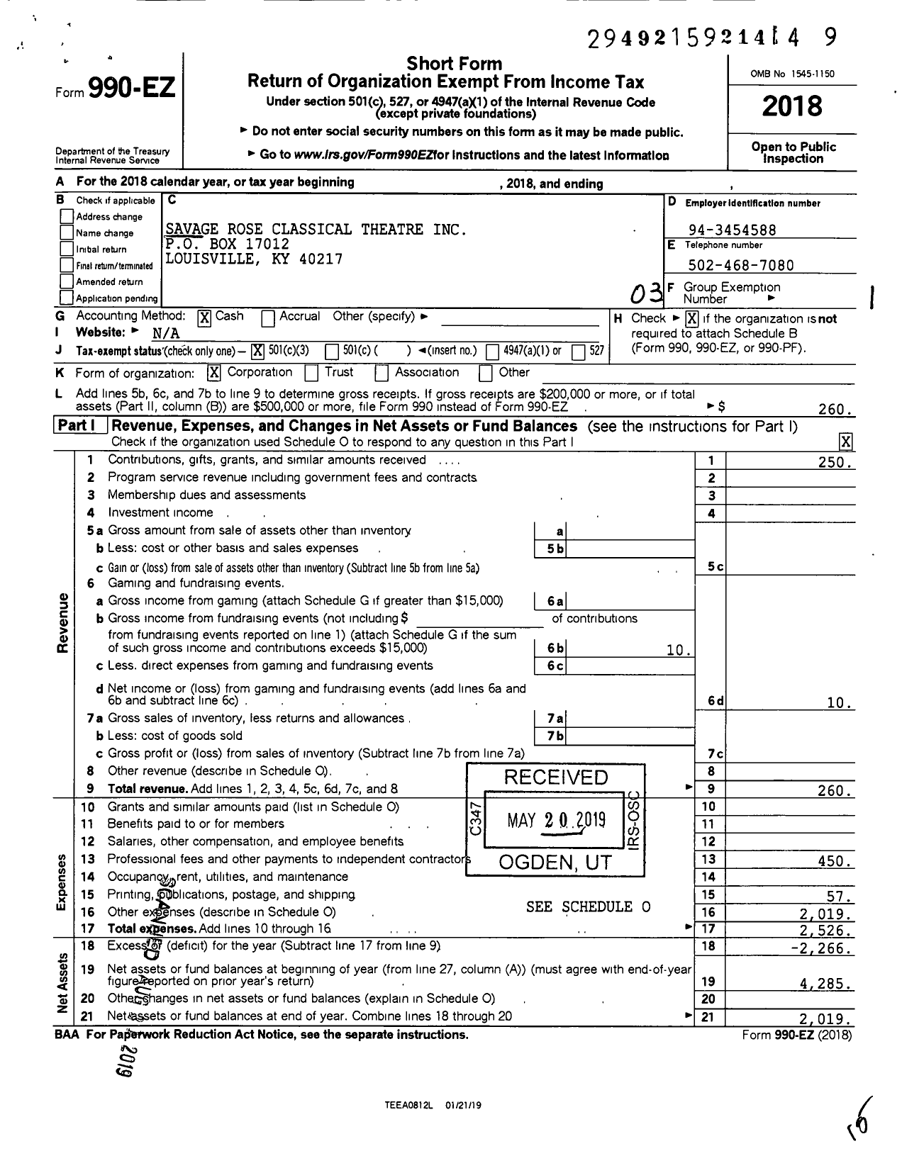 Image of first page of 2018 Form 990EZ for Savage Rose Classical Theatre