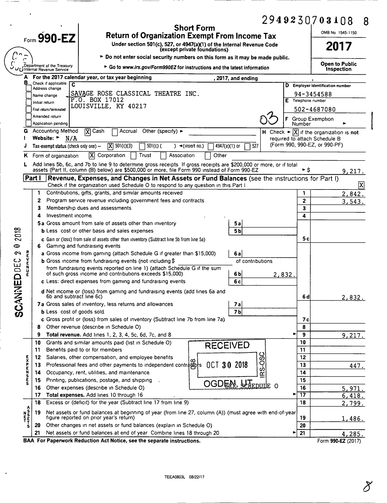 Image of first page of 2017 Form 990EZ for Savage Rose Classical Theatre