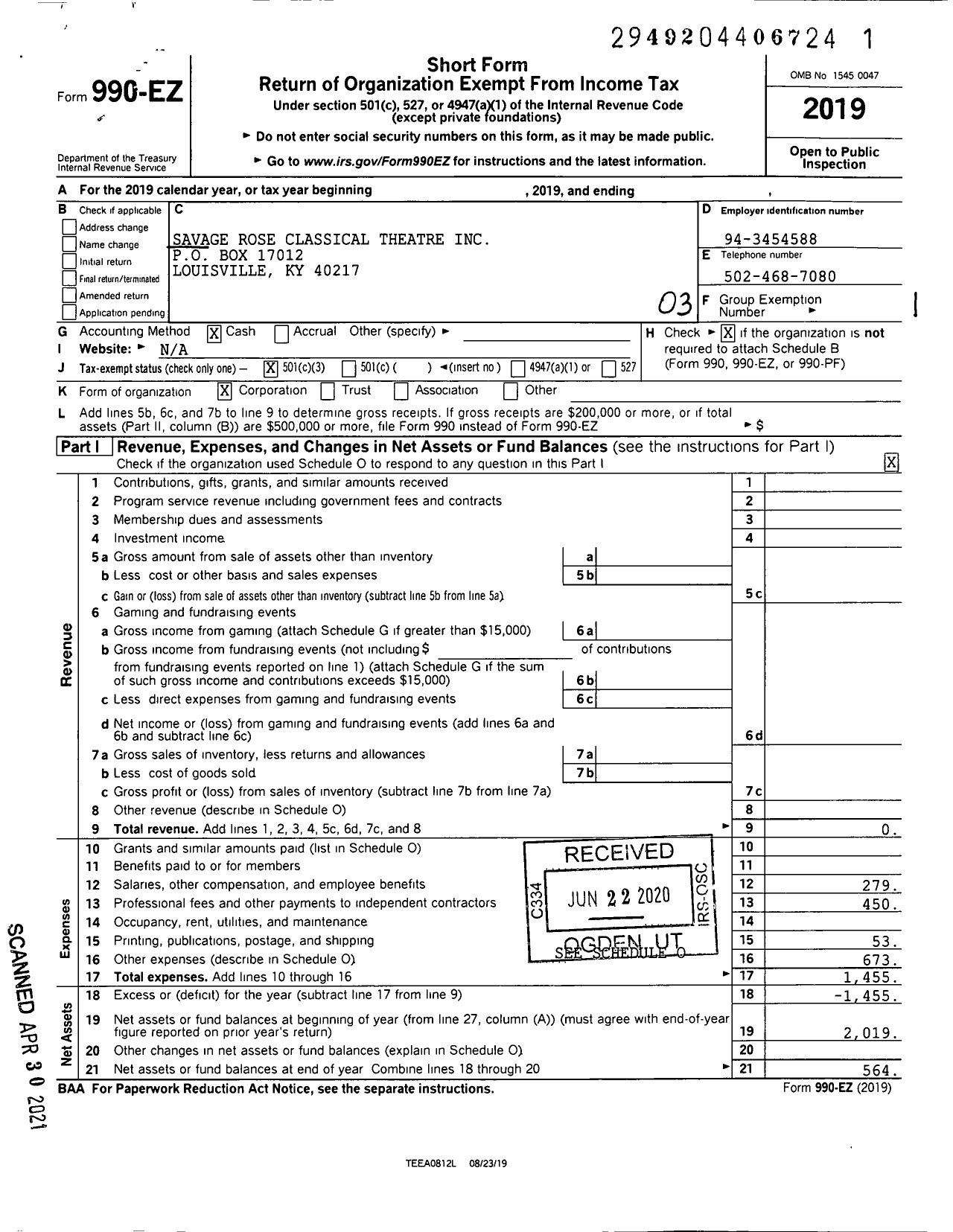 Image of first page of 2019 Form 990EZ for Savage Rose Classical Theatre