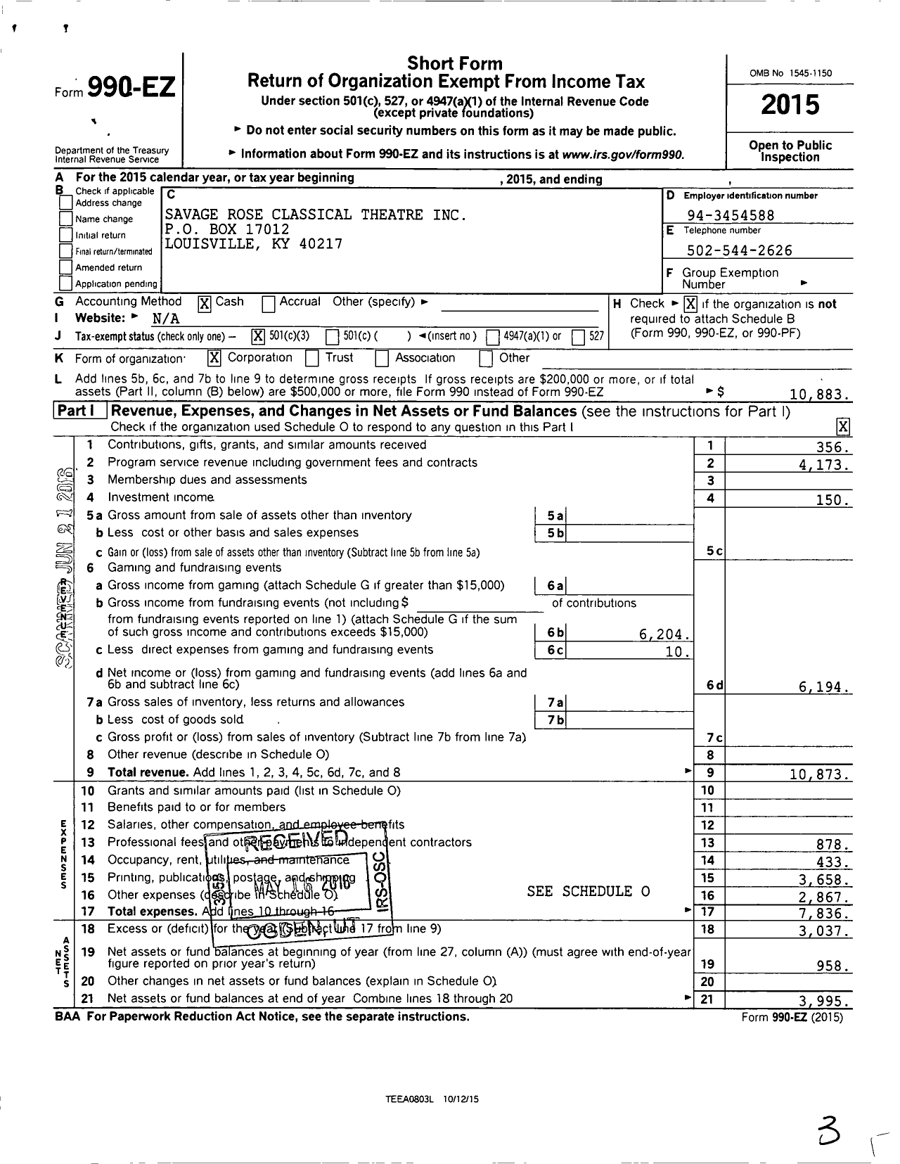 Image of first page of 2015 Form 990EZ for Savage Rose Classical Theatre