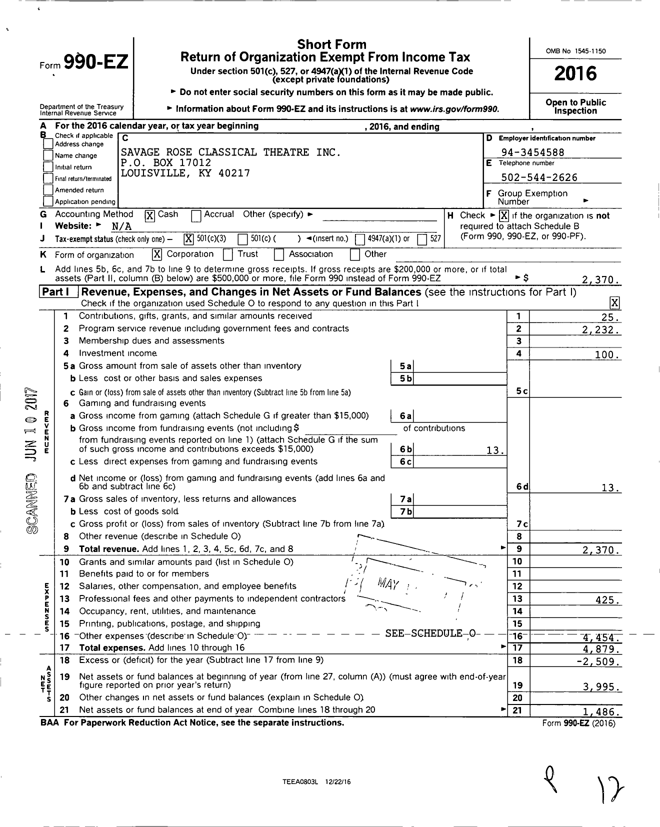 Image of first page of 2016 Form 990EZ for Savage Rose Classical Theatre