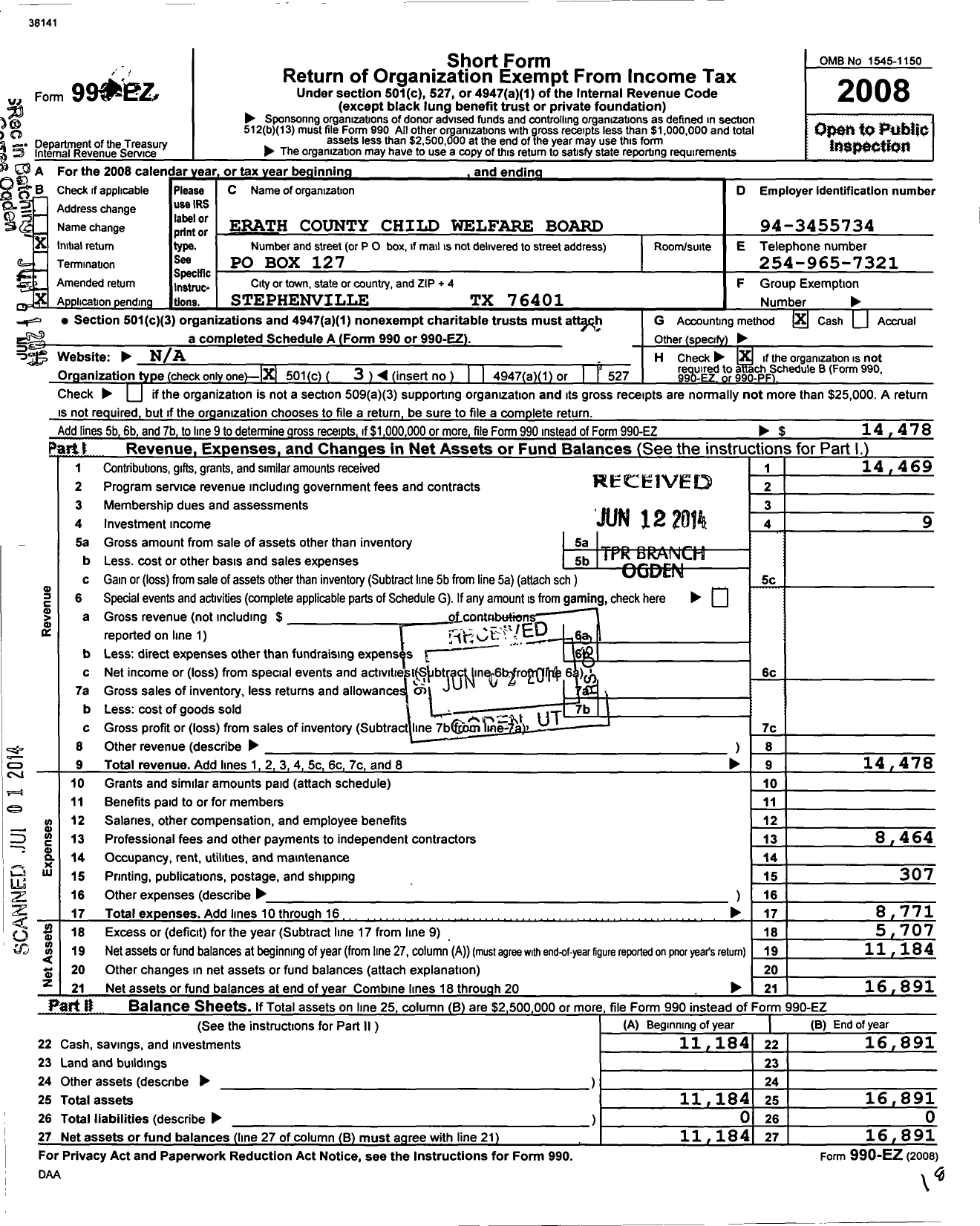 Image of first page of 2008 Form 990EZ for Erath County Child Welfare Board