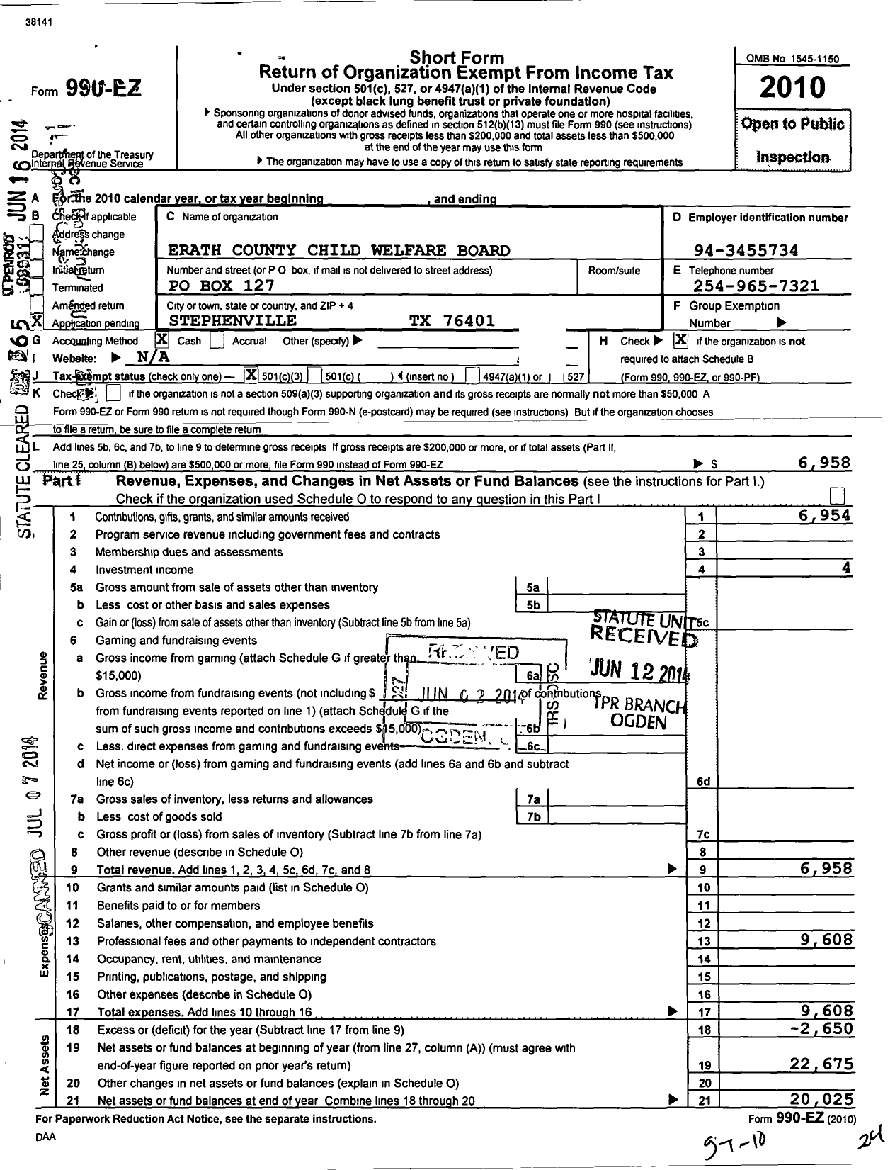 Image of first page of 2010 Form 990EZ for Erath County Child Welfare Board