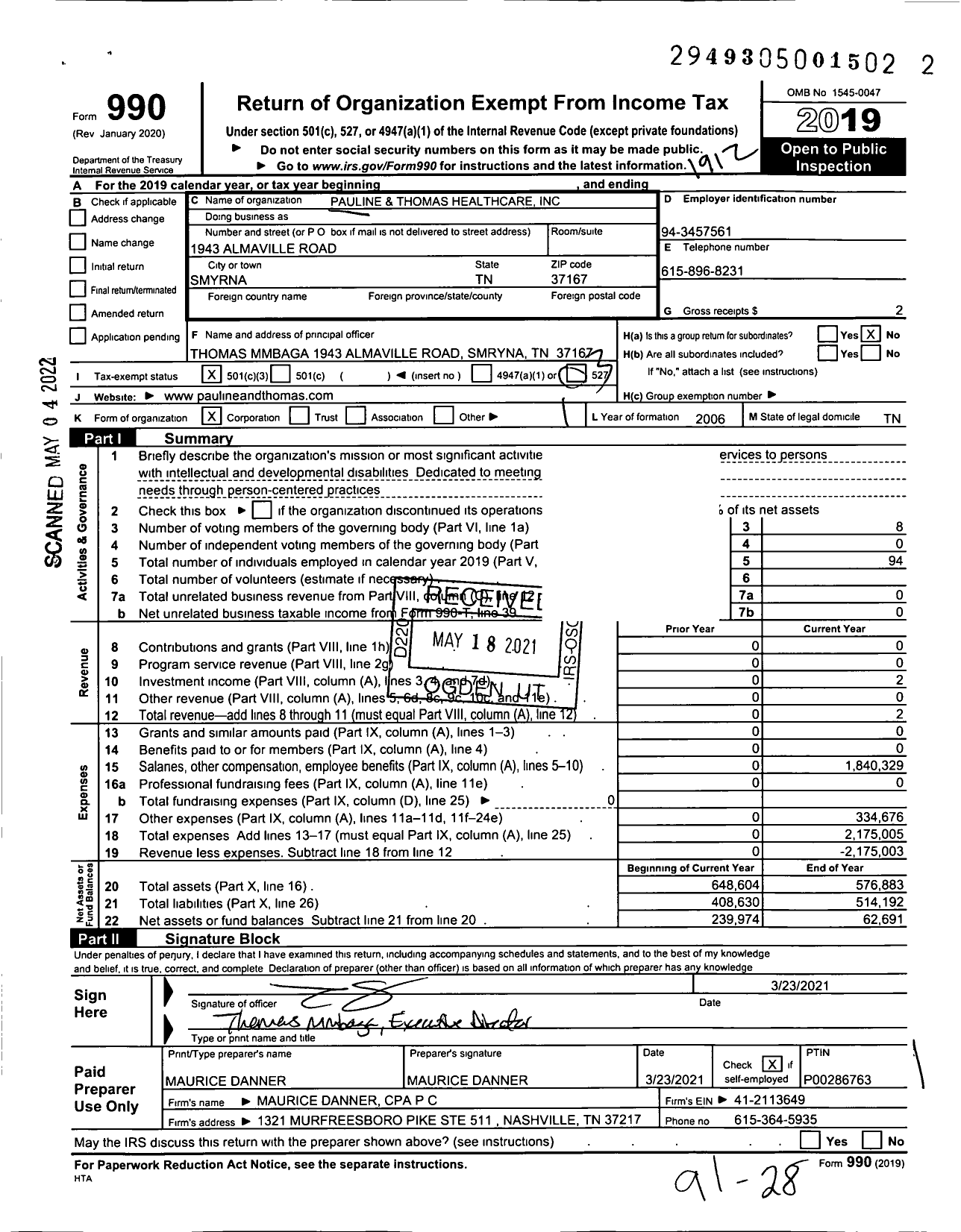 Image of first page of 2019 Form 990 for Pauline and Thomas Healthcare