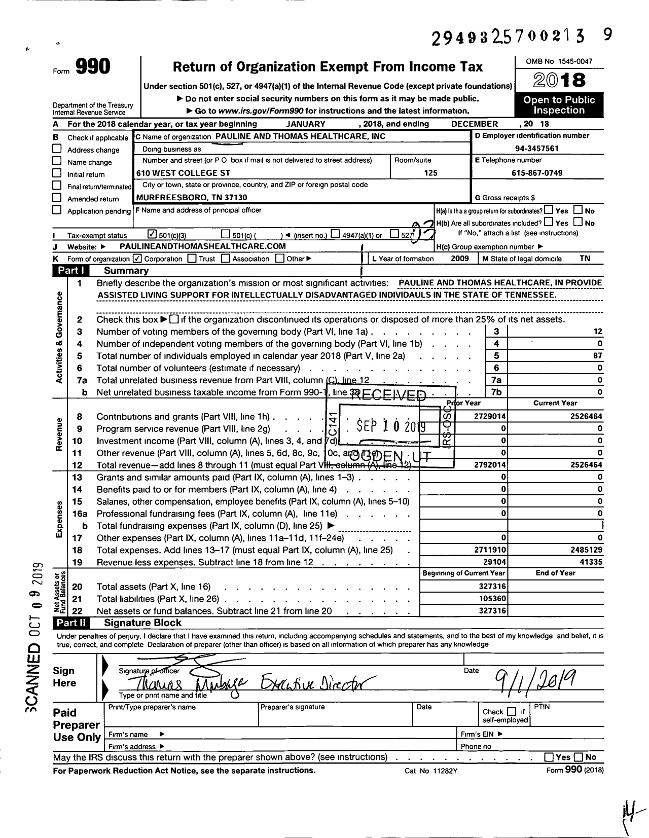 Image of first page of 2018 Form 990 for Pauline and Thomas Healthcare