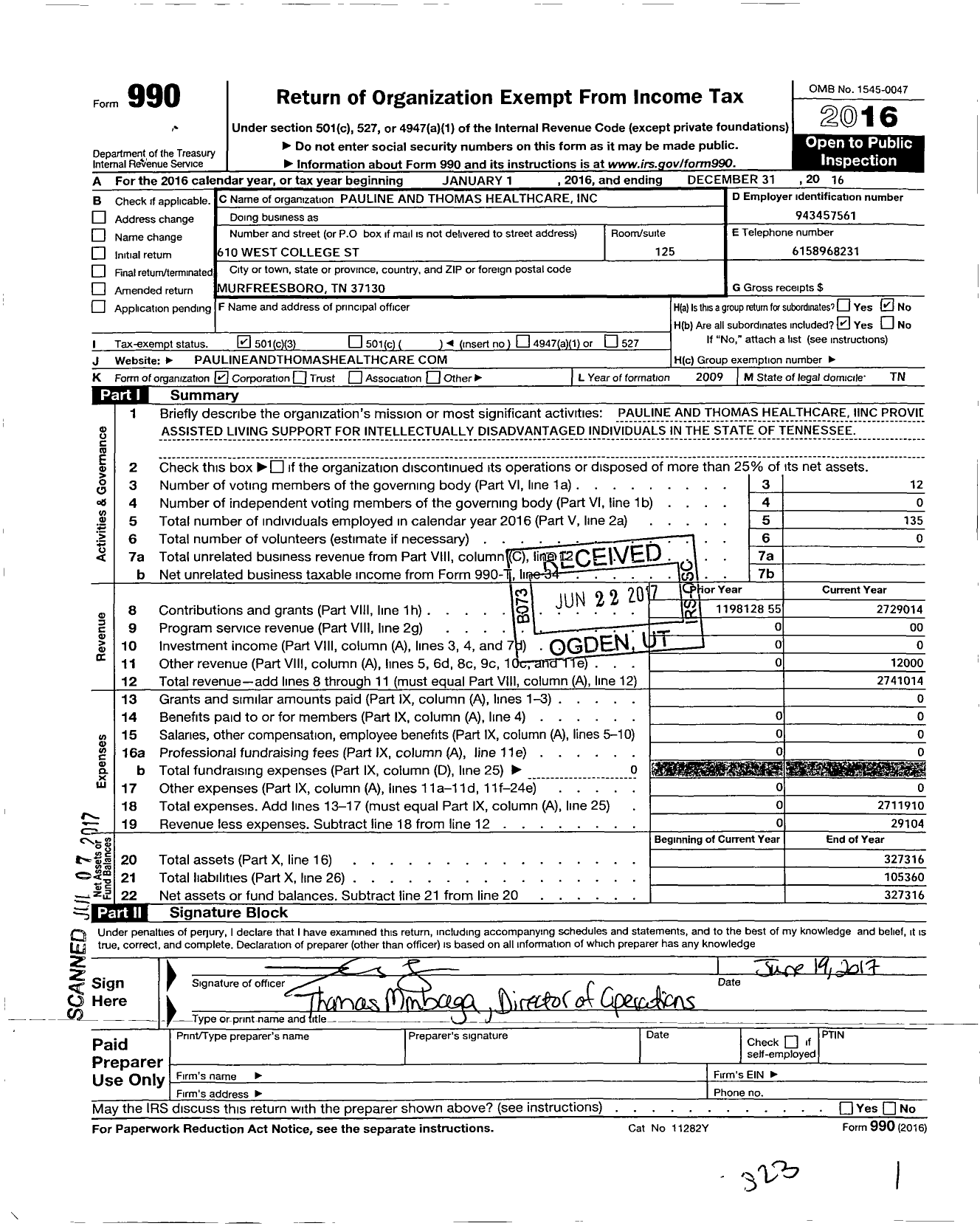 Image of first page of 2016 Form 990 for Pauline and Thomas Healthcare