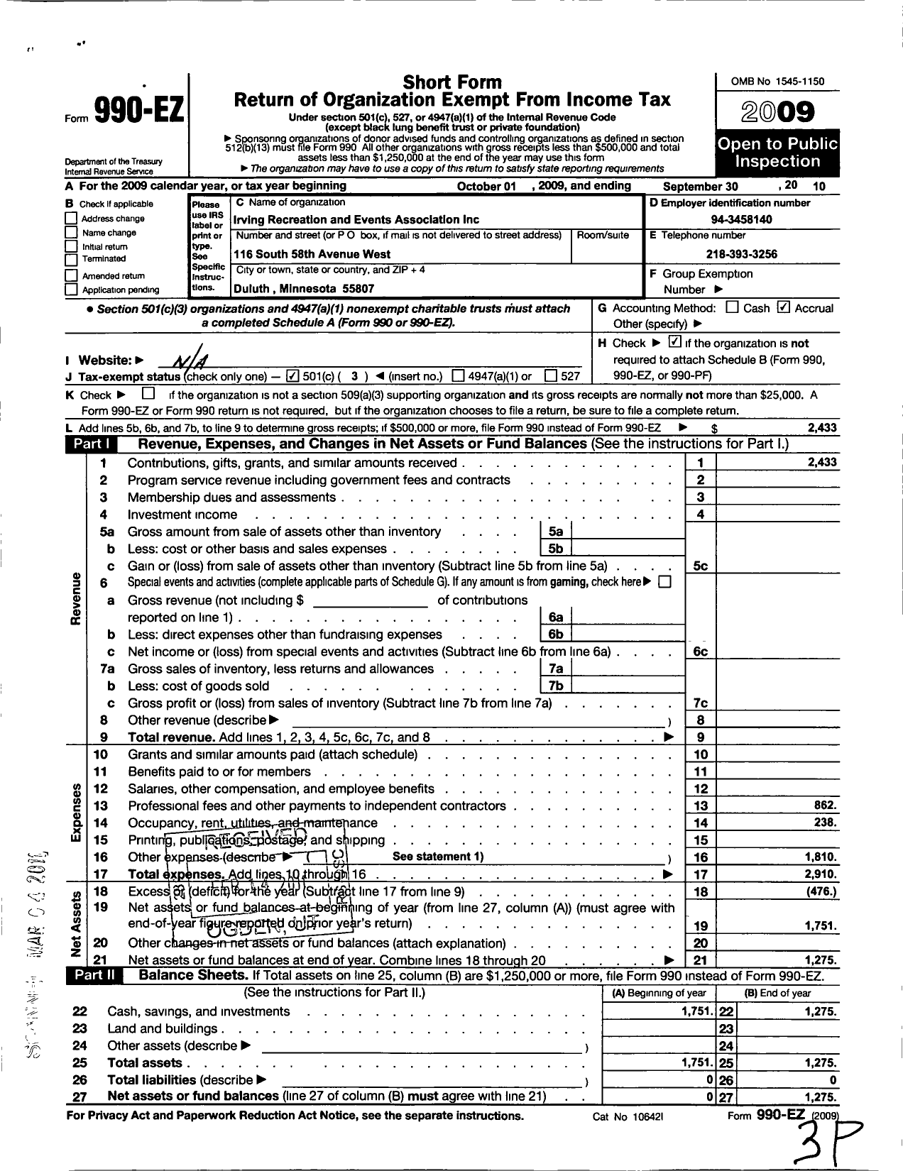 Image of first page of 2009 Form 990EZ for Irving Recreation and Events Association