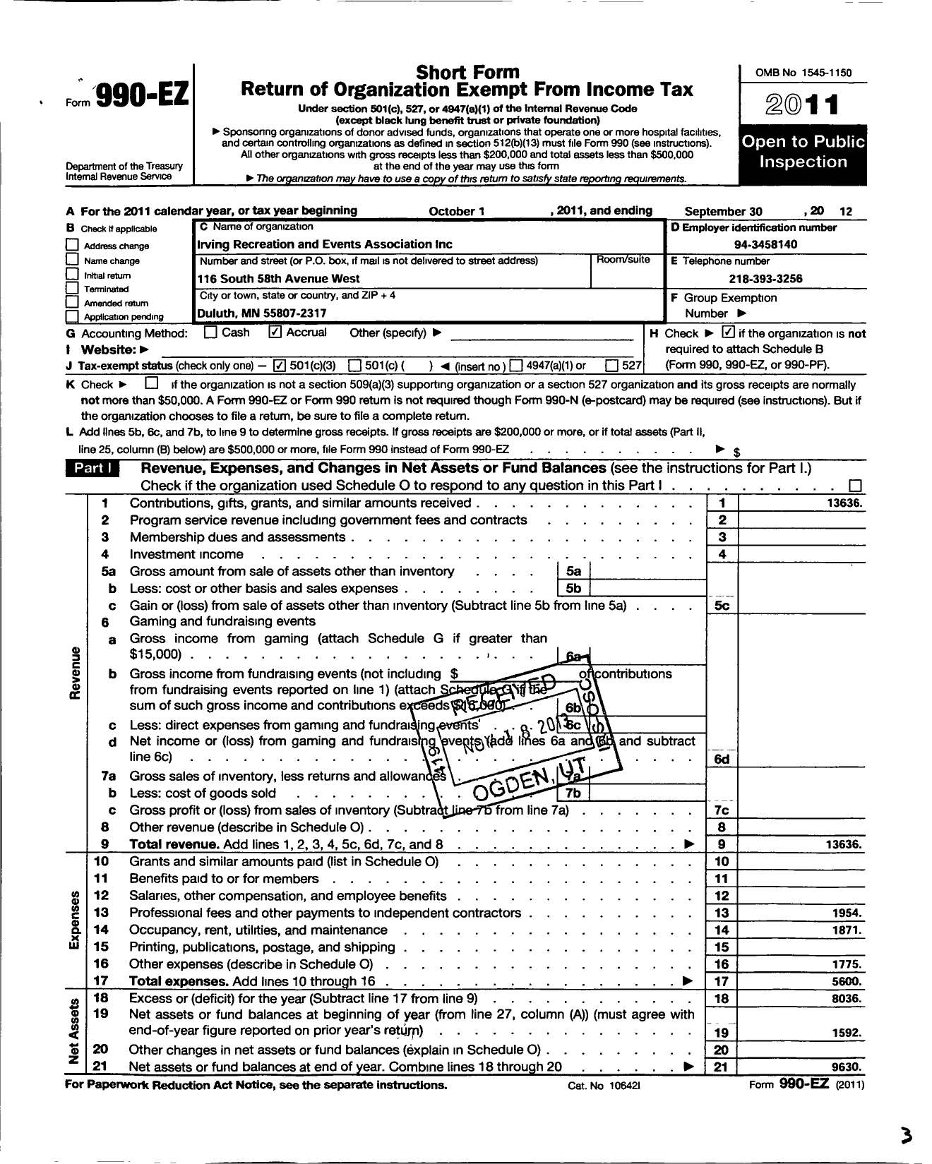 Image of first page of 2011 Form 990EZ for Irving Recreation and Events Association