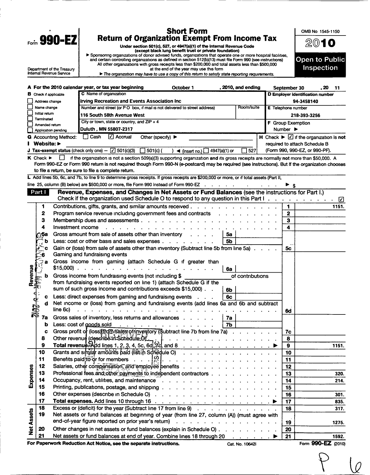 Image of first page of 2010 Form 990EZ for Irving Recreation and Events Association