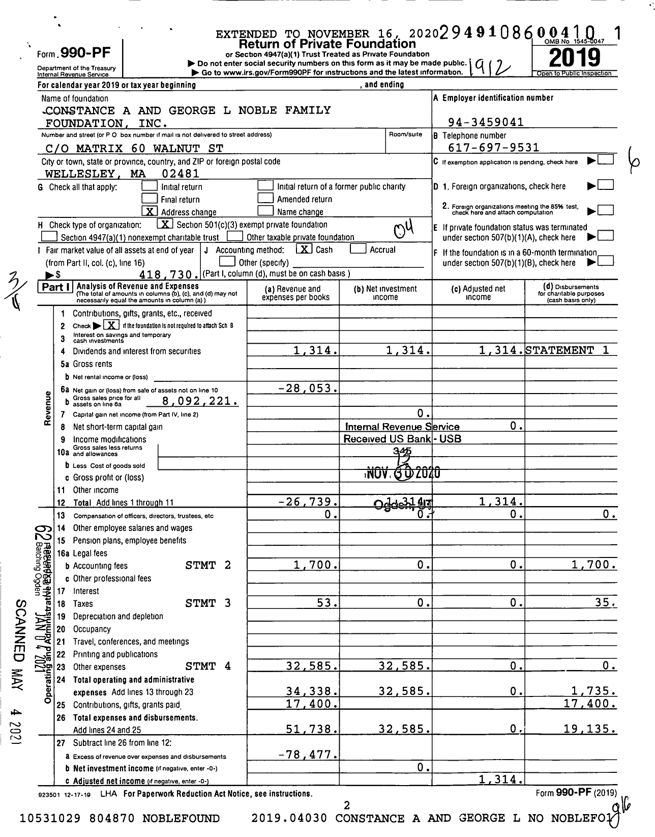 Image of first page of 2019 Form 990PF for Constance A and George L Noble Family Foundation