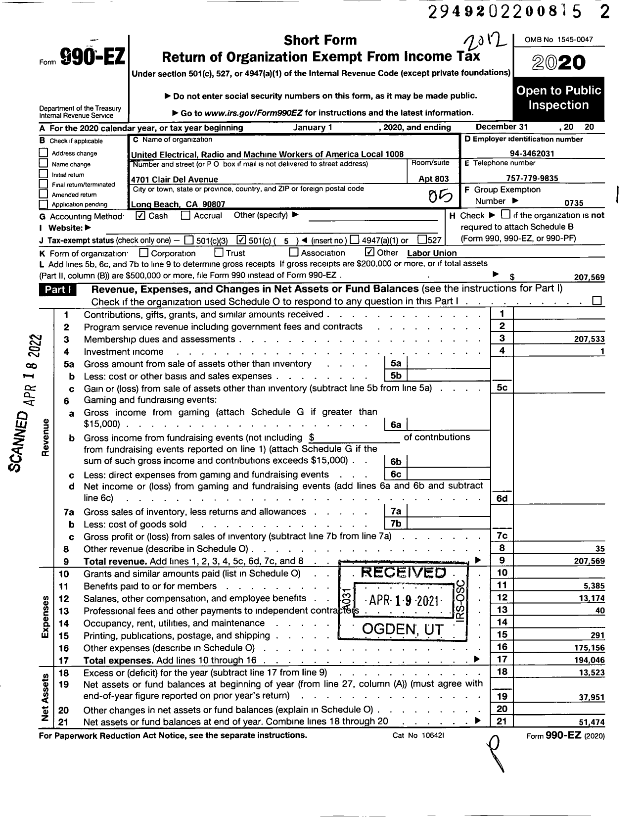 Image of first page of 2020 Form 990EO for United Electrical RADIO and MACHINE WORKERS OF AMERICA - 1008 UE Local