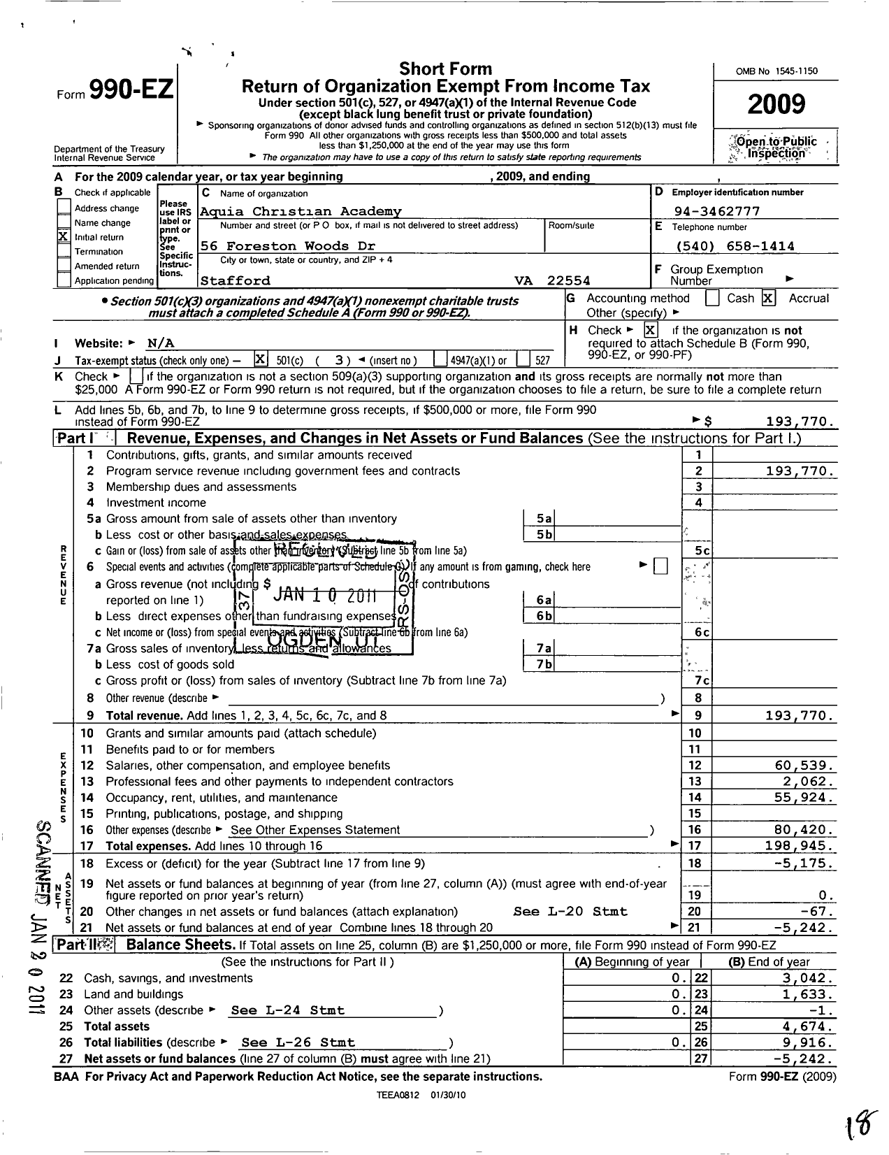 Image of first page of 2009 Form 990EZ for Aquia Christian Academy