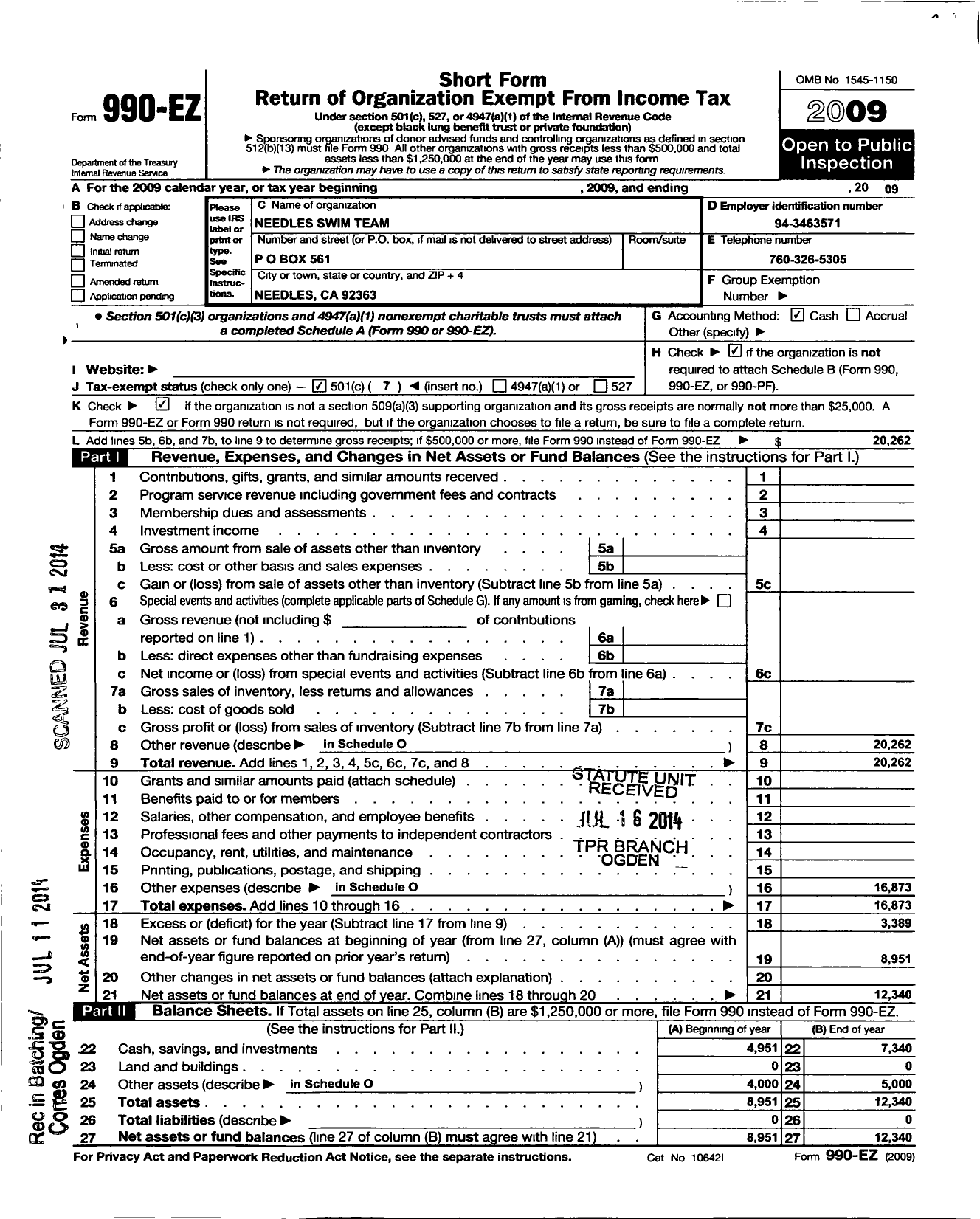 Image of first page of 2009 Form 990EO for Needles Swim Team