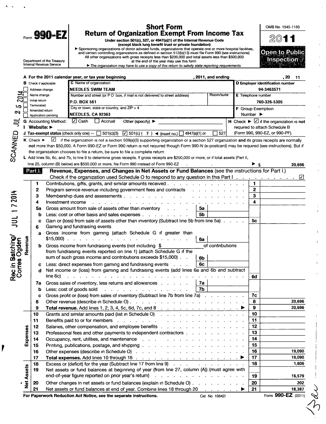 Image of first page of 2011 Form 990EO for Needles Swim Team