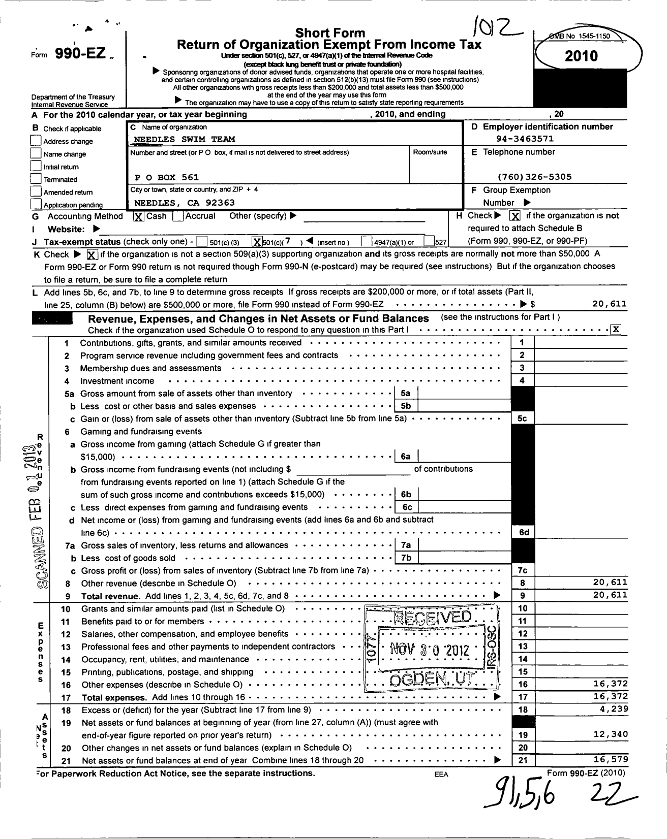 Image of first page of 2010 Form 990EO for Needles Swim Team