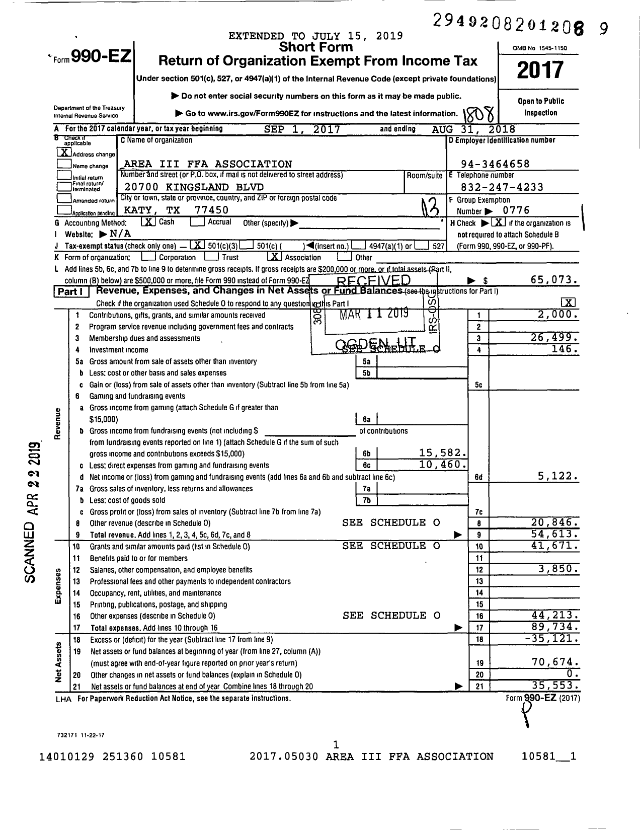 Image of first page of 2017 Form 990EZ for Future Farmers of America - Area Iii Ffa Association