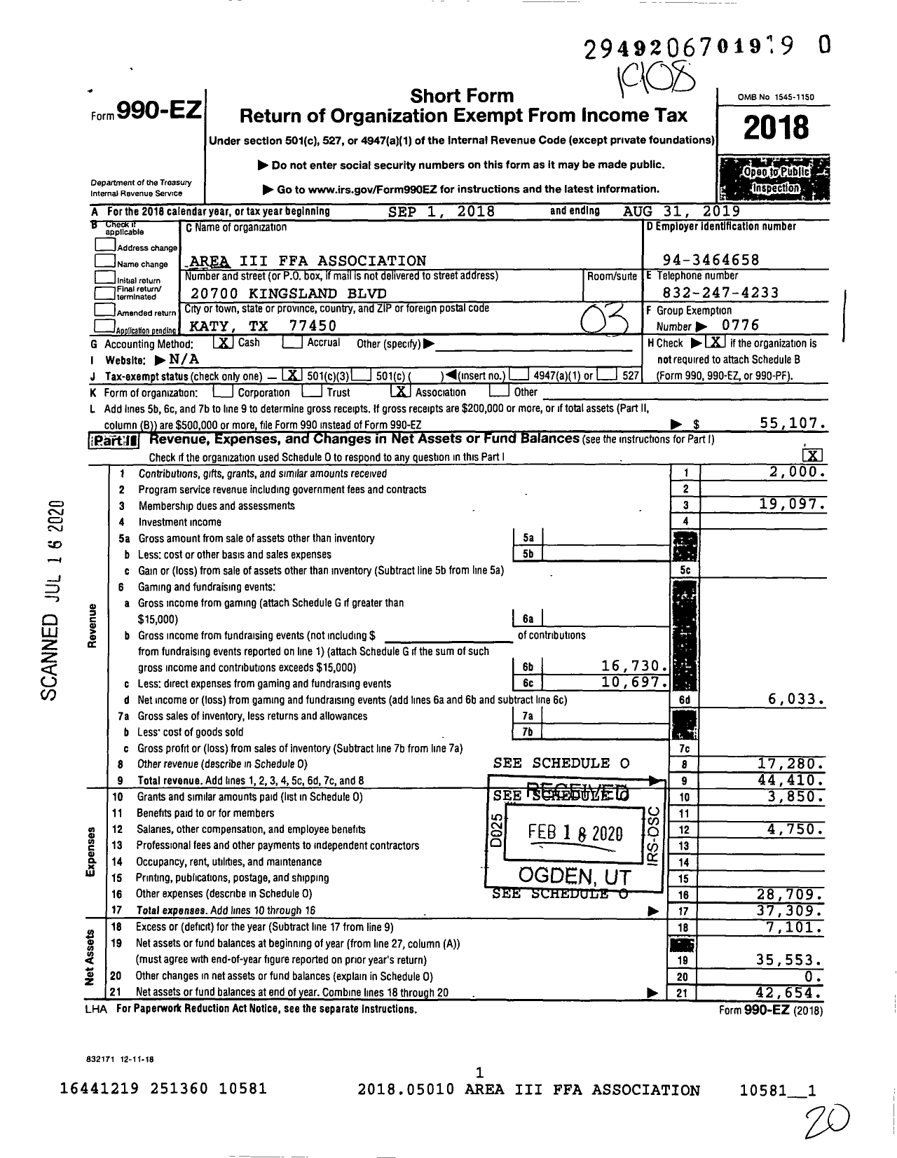 Image of first page of 2018 Form 990EZ for Future Farmers of America - Area Iii Ffa Association