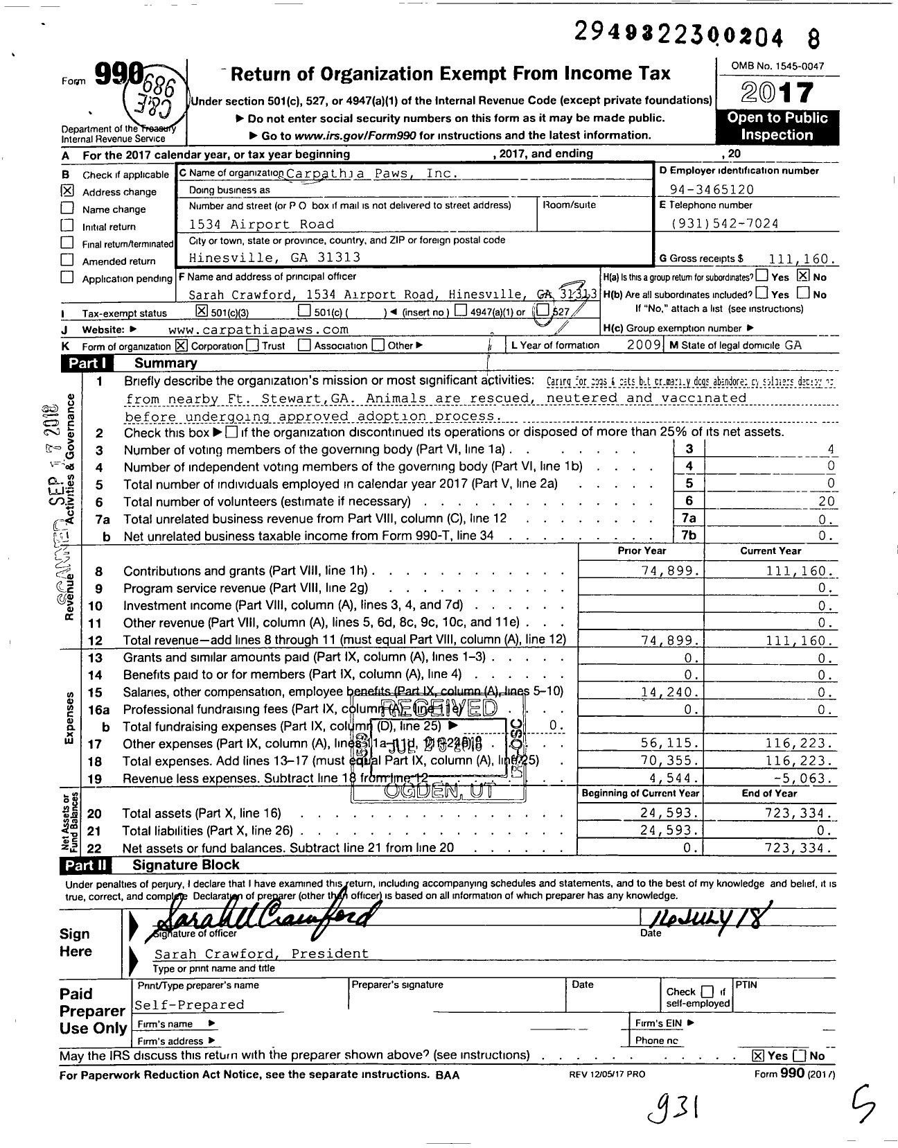 Image of first page of 2017 Form 990 for Carpathia Paws