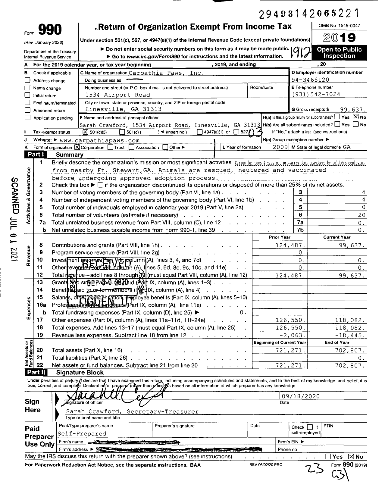 Image of first page of 2019 Form 990 for Carpathia Paws