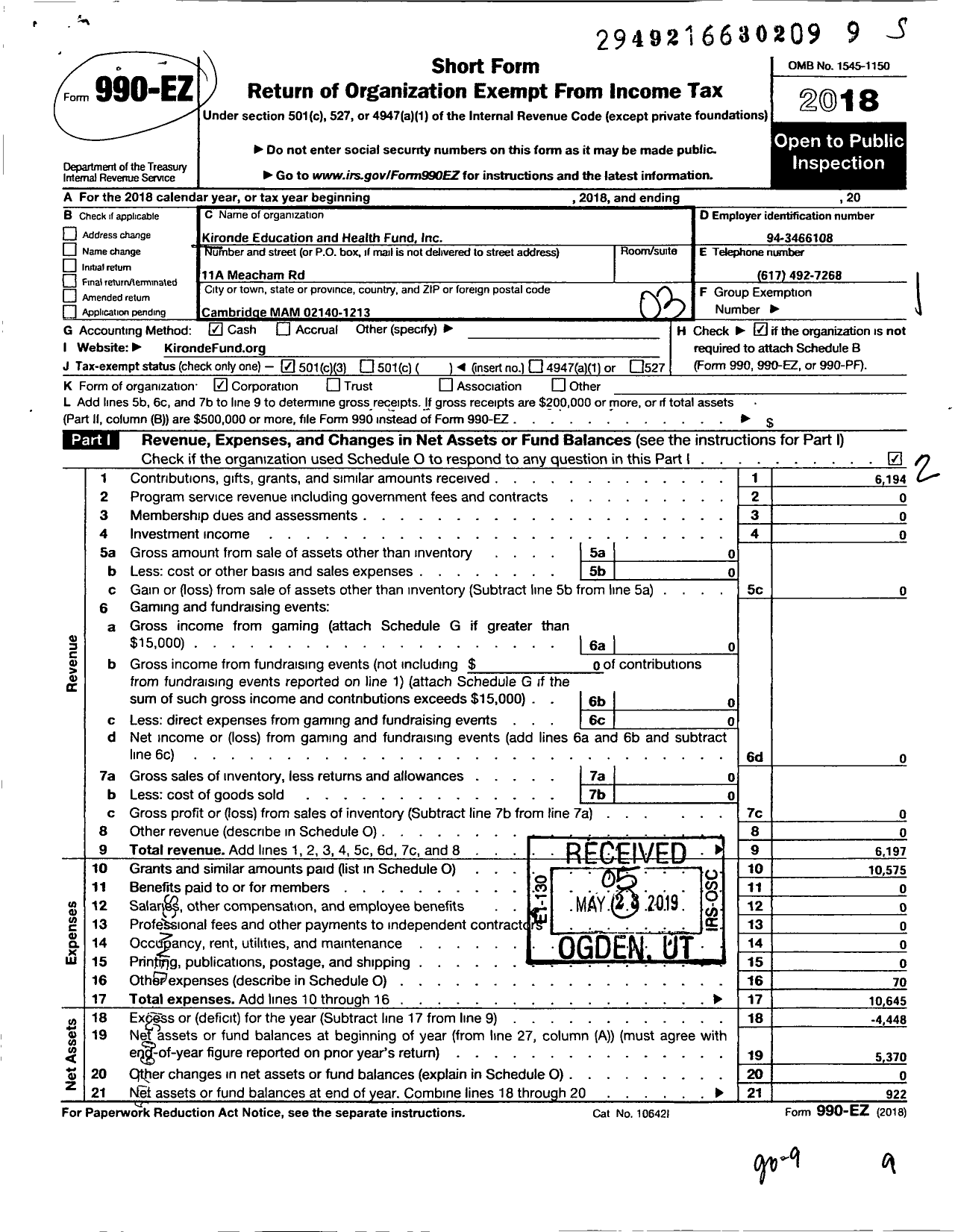 Image of first page of 2018 Form 990EZ for Kironde Education and Health Fund