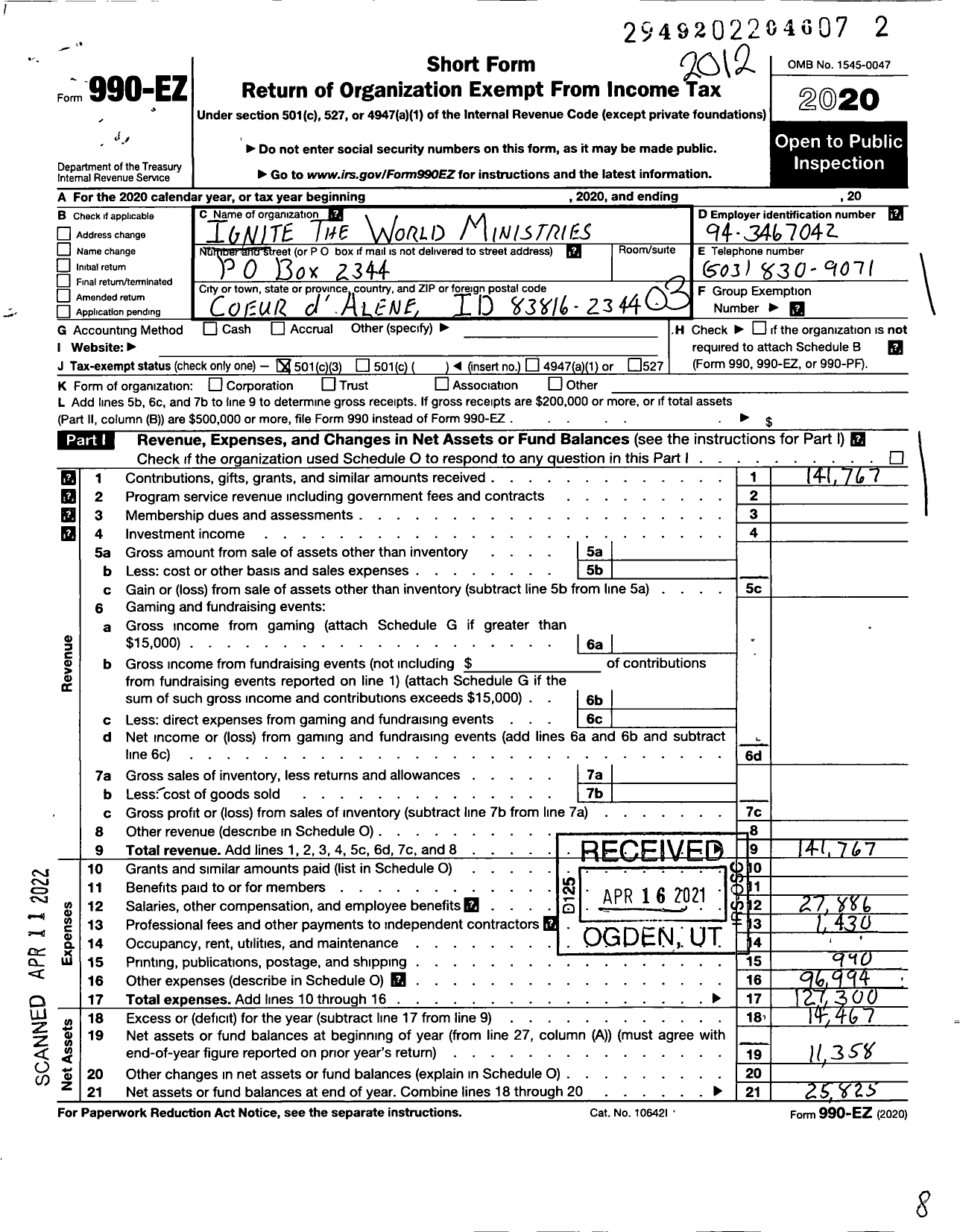 Image of first page of 2020 Form 990EZ for Ignite the World Ministries