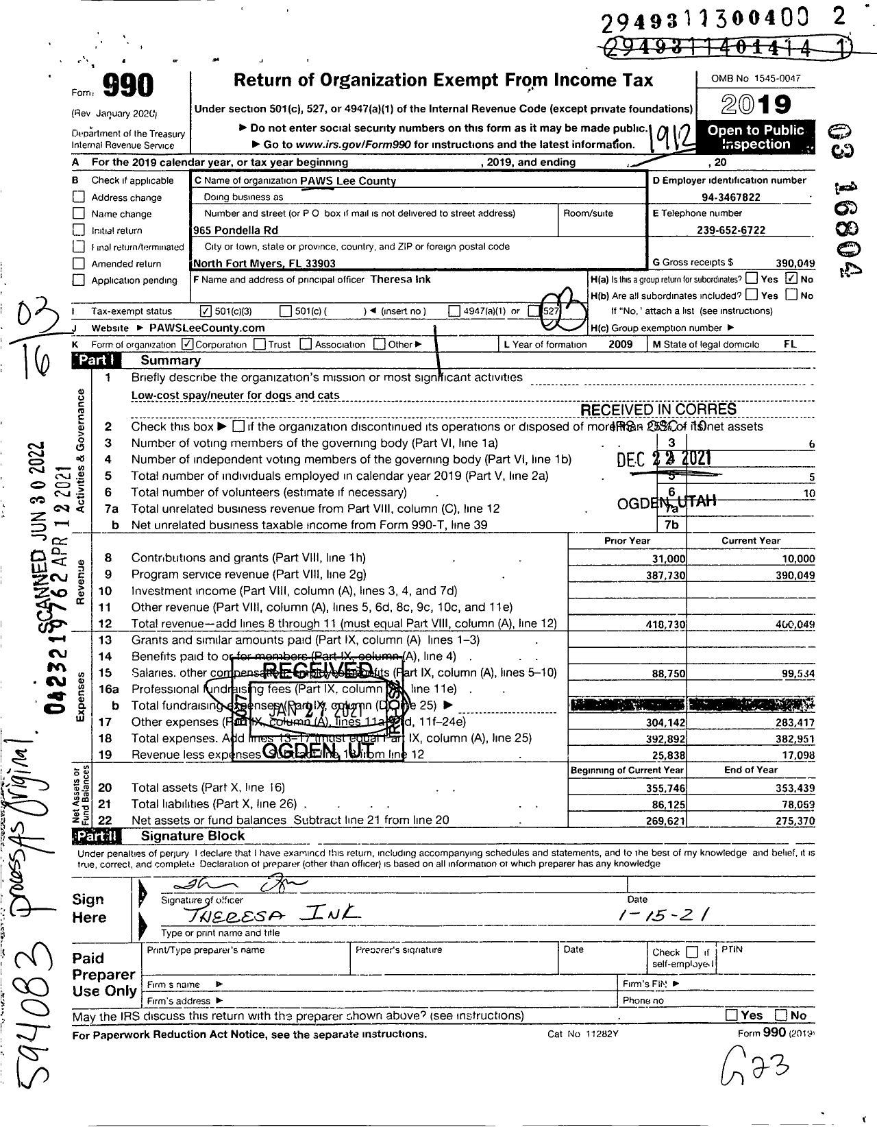 Image of first page of 2019 Form 990 for Paws Lee County