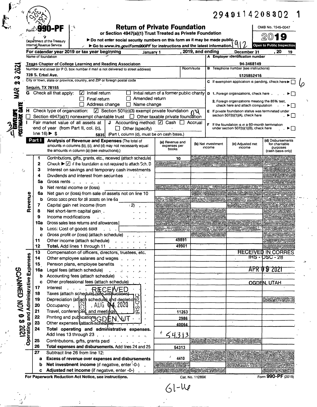 Image of first page of 2019 Form 990PF for Texas Chapter of College Reading and Learning Association