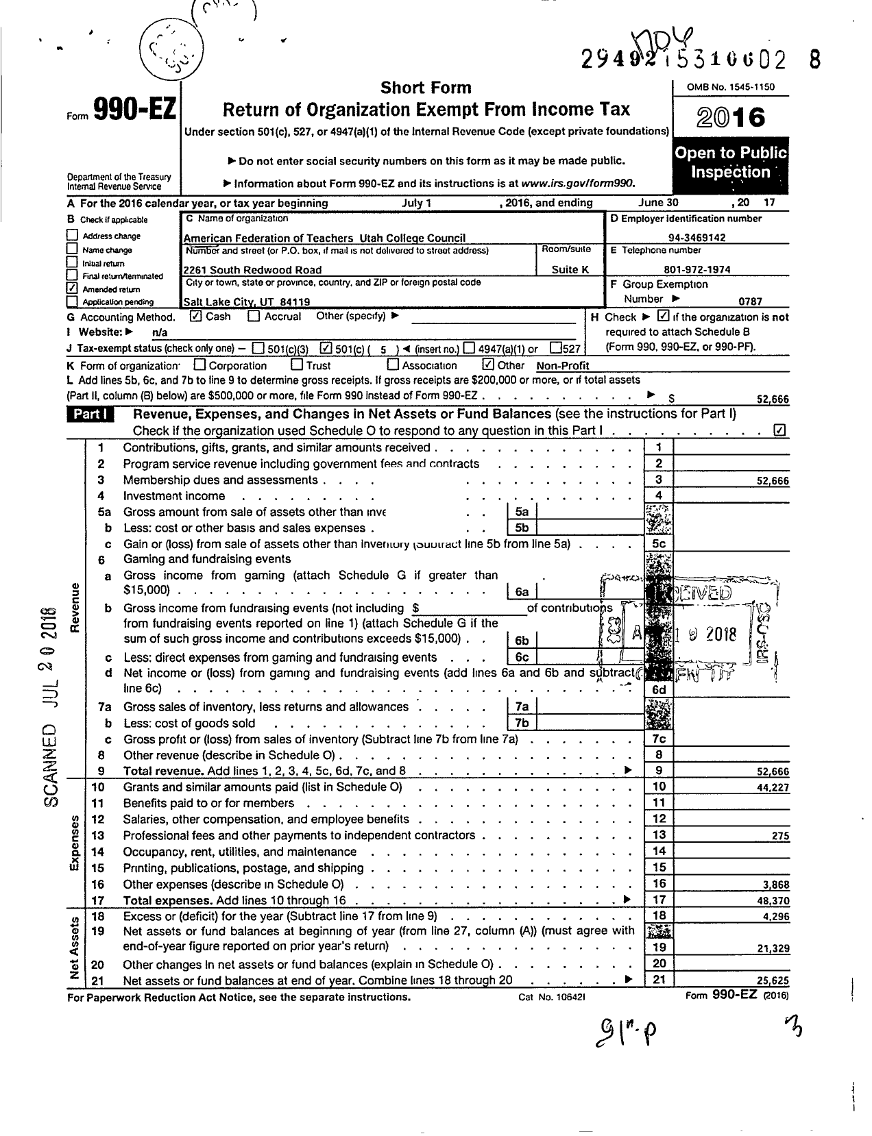 Image of first page of 2016 Form 990EO for American Federation of Teachers - 4738 Aft Utah College Council