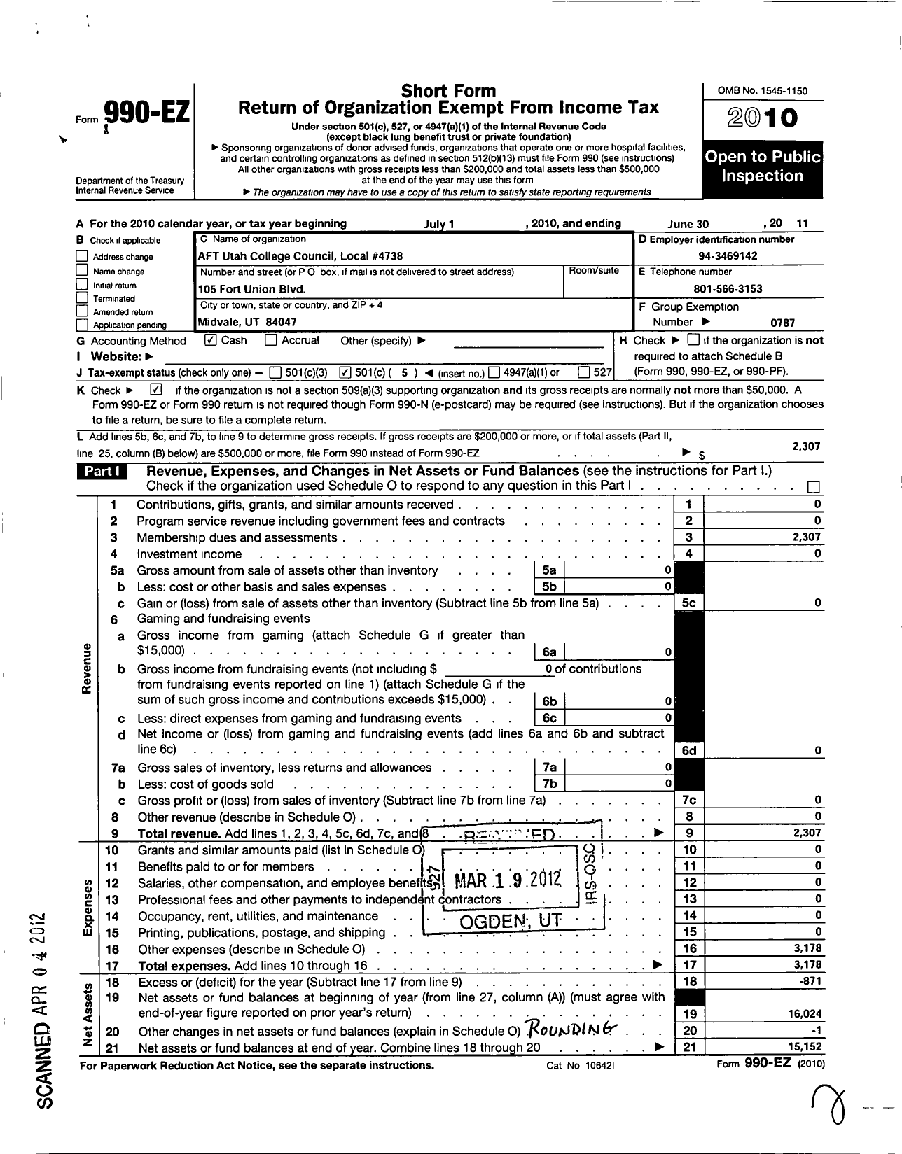 Image of first page of 2010 Form 990EO for American Federation of Teachers - 4738 Aft Utah College Council