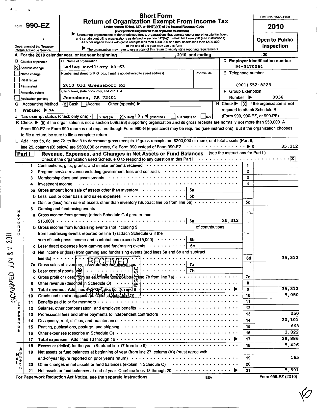 Image of first page of 2010 Form 990EO for Amvets