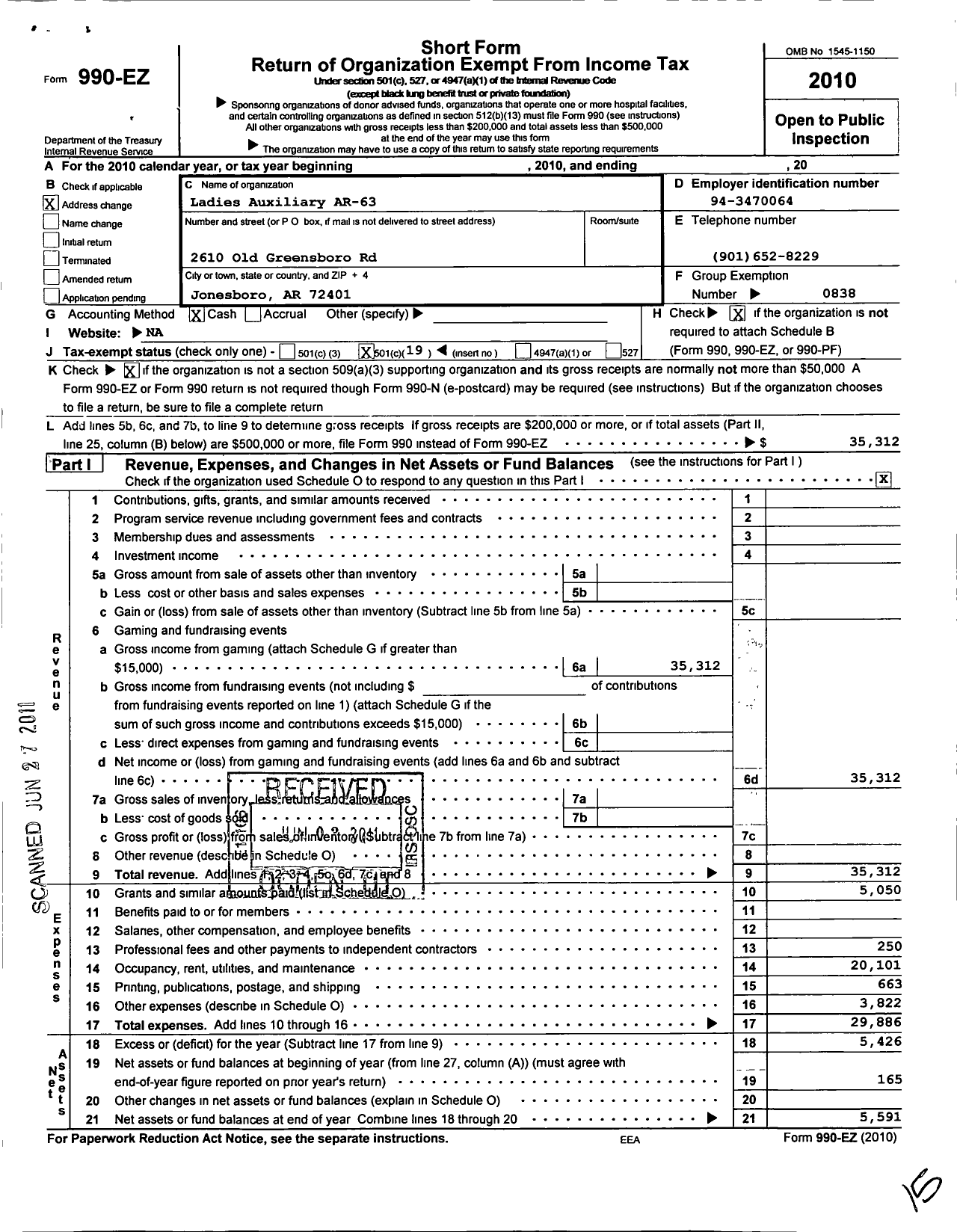 Image of first page of 2010 Form 990EO for Amvets - 63