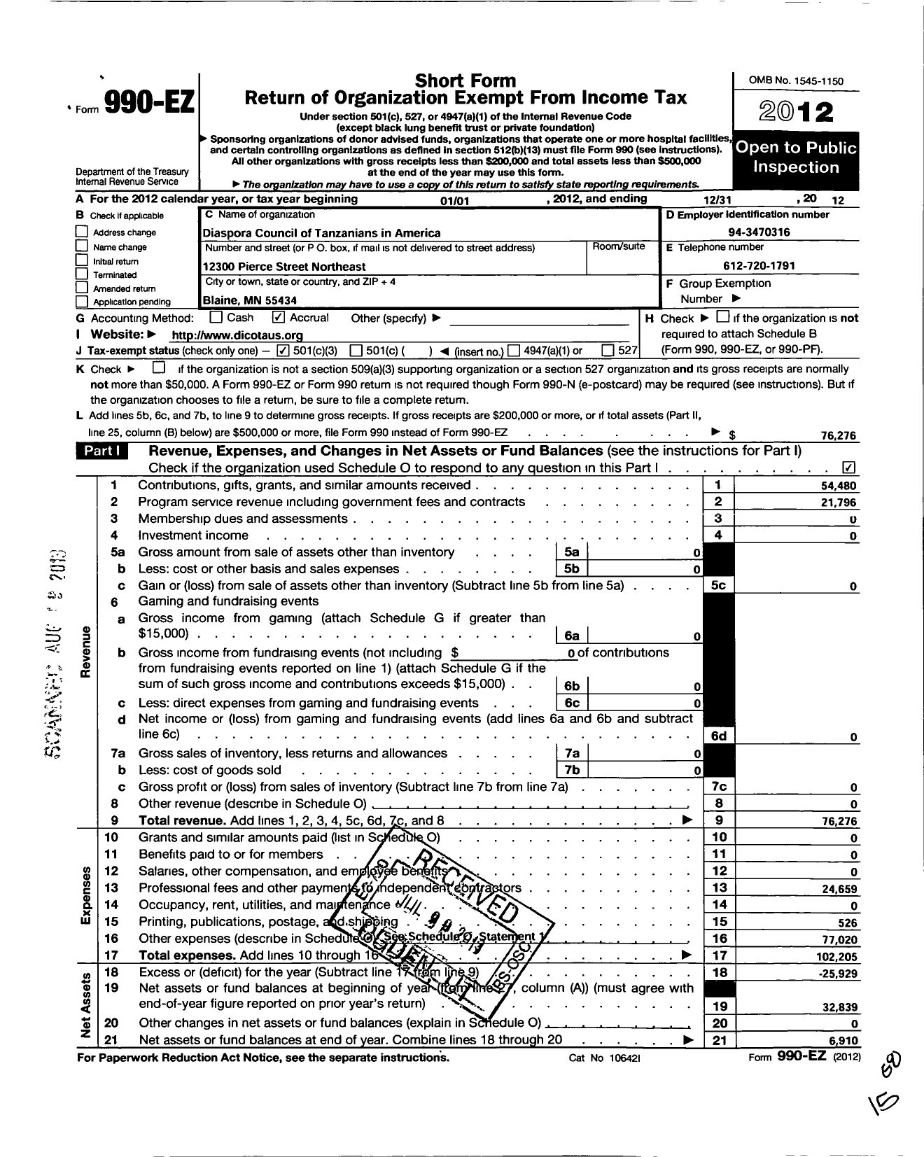 Image of first page of 2012 Form 990EZ for Diaspora Counsel of Tanzanians in America