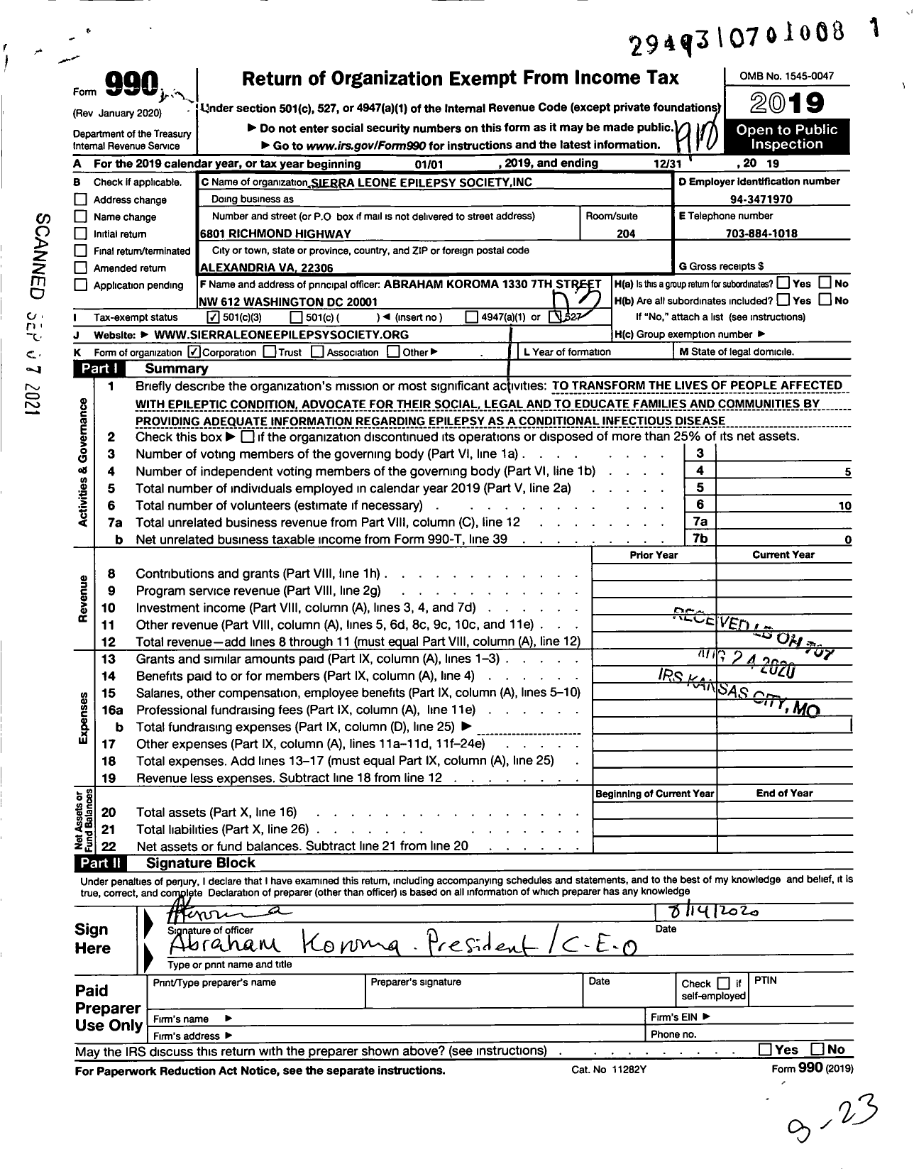 Image of first page of 2019 Form 990 for Sierra Leone Epilepsy Society