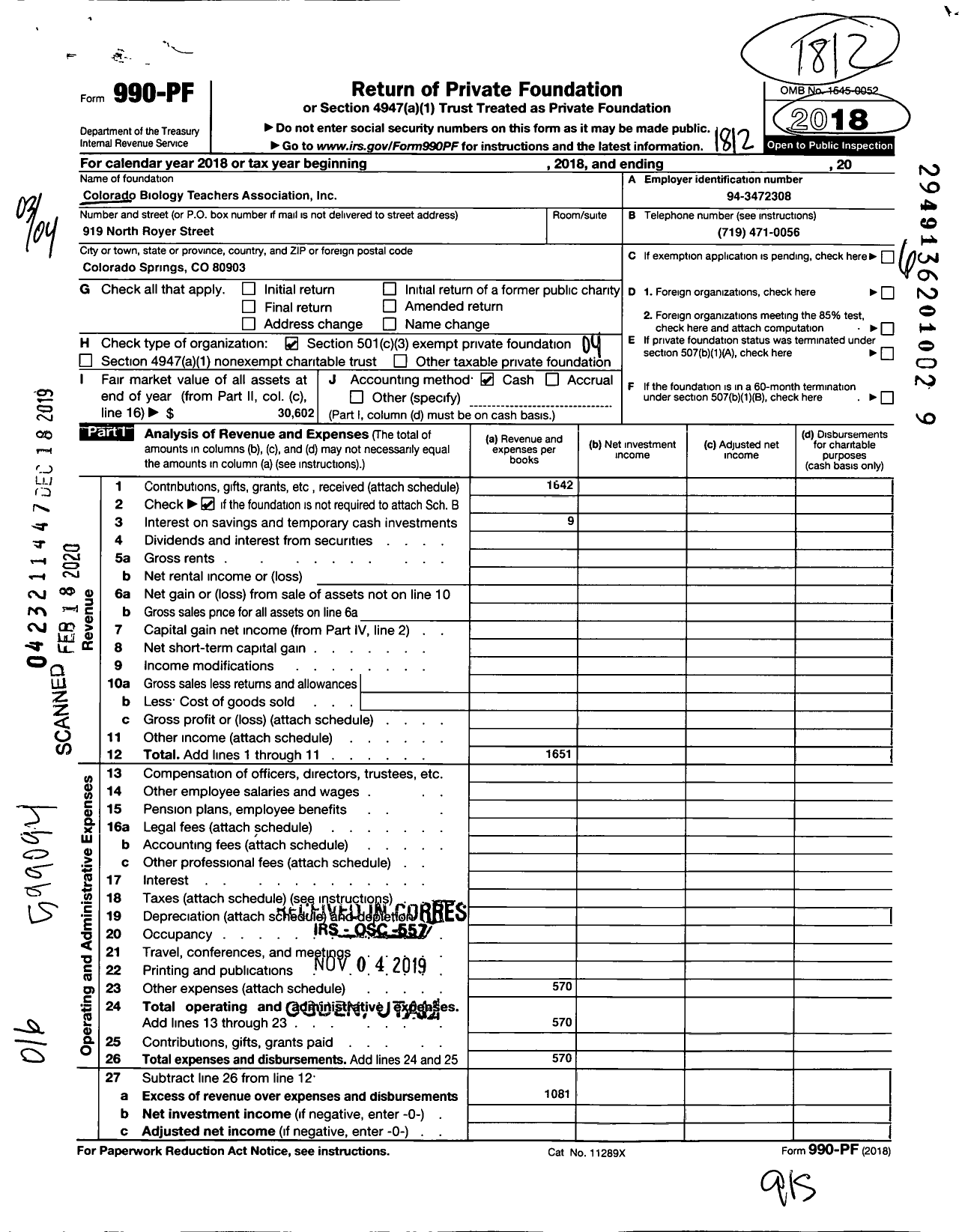 Image of first page of 2018 Form 990PF for Colorado Biology Teachers Association