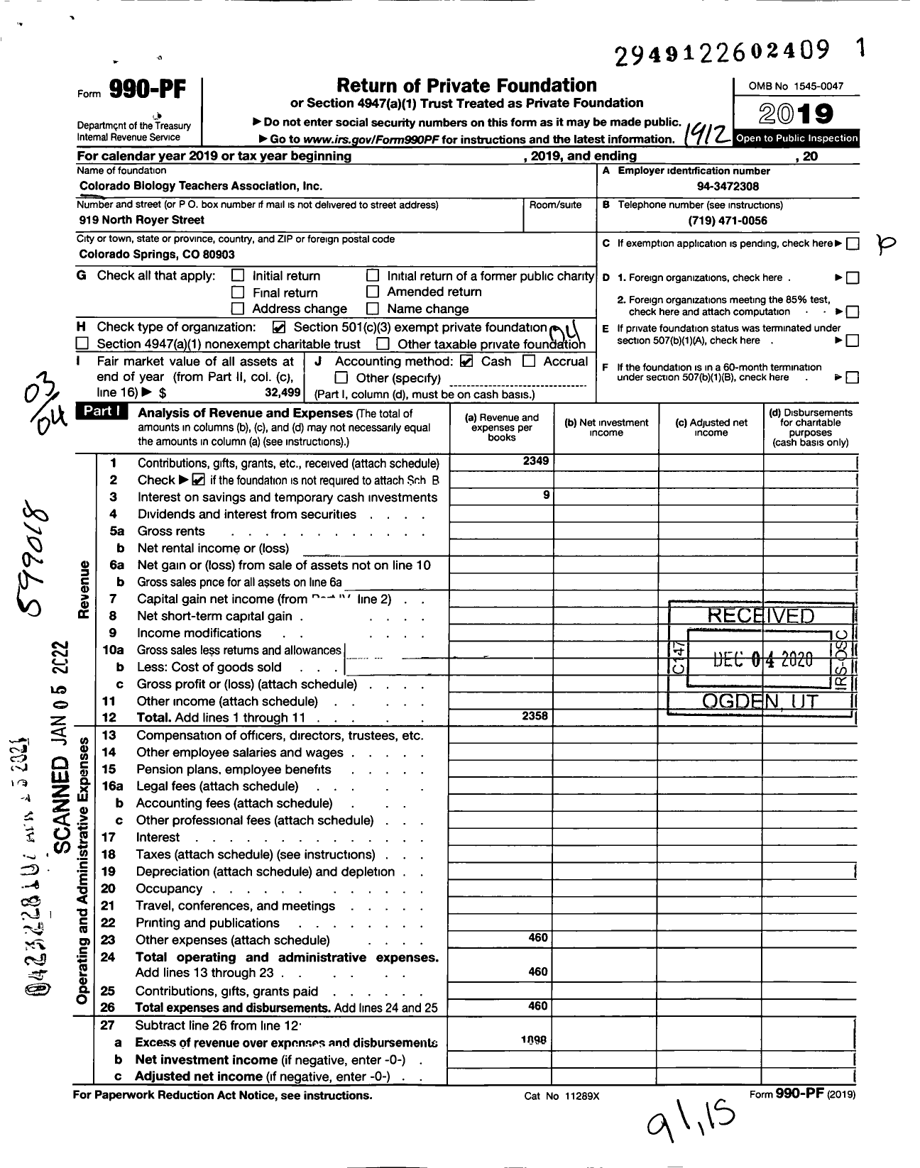 Image of first page of 2019 Form 990PF for Colorado Biology Teachers Association