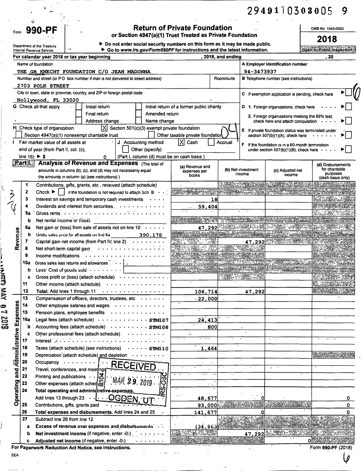 Image of first page of 2018 Form 990PF for The GB Knecht Foundation